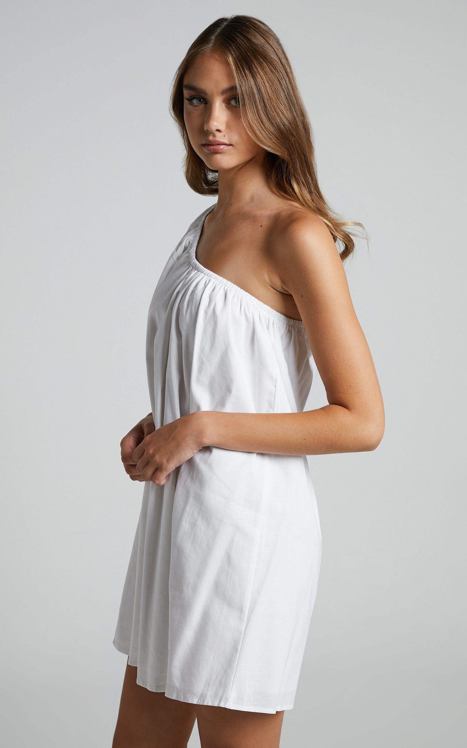 Estella Mini Dress - One Shoulder Puff Sleeve Shift Dress in White