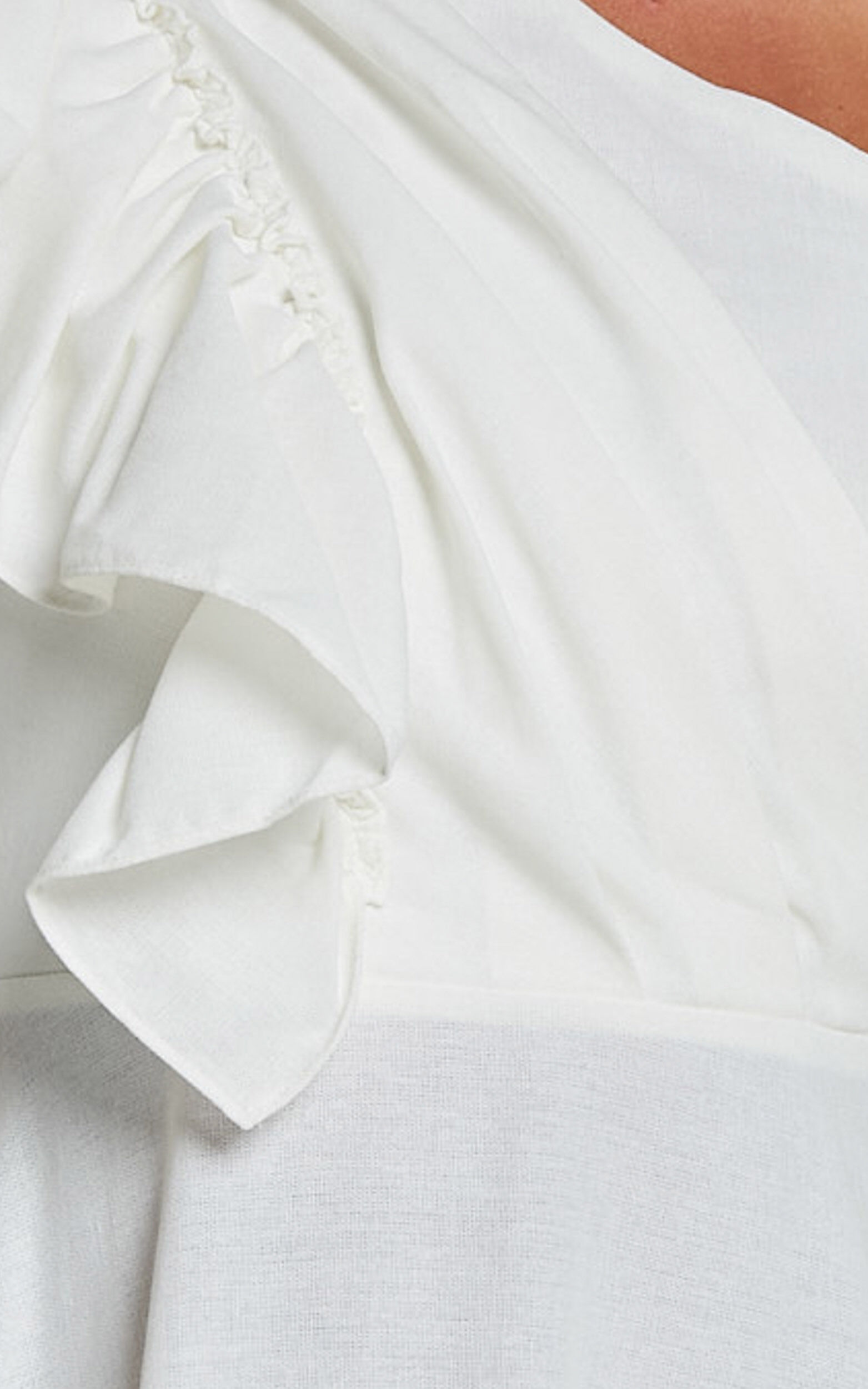 Dixie Midi Dress - Linen Look One Shoulder Ruffle Dress in White