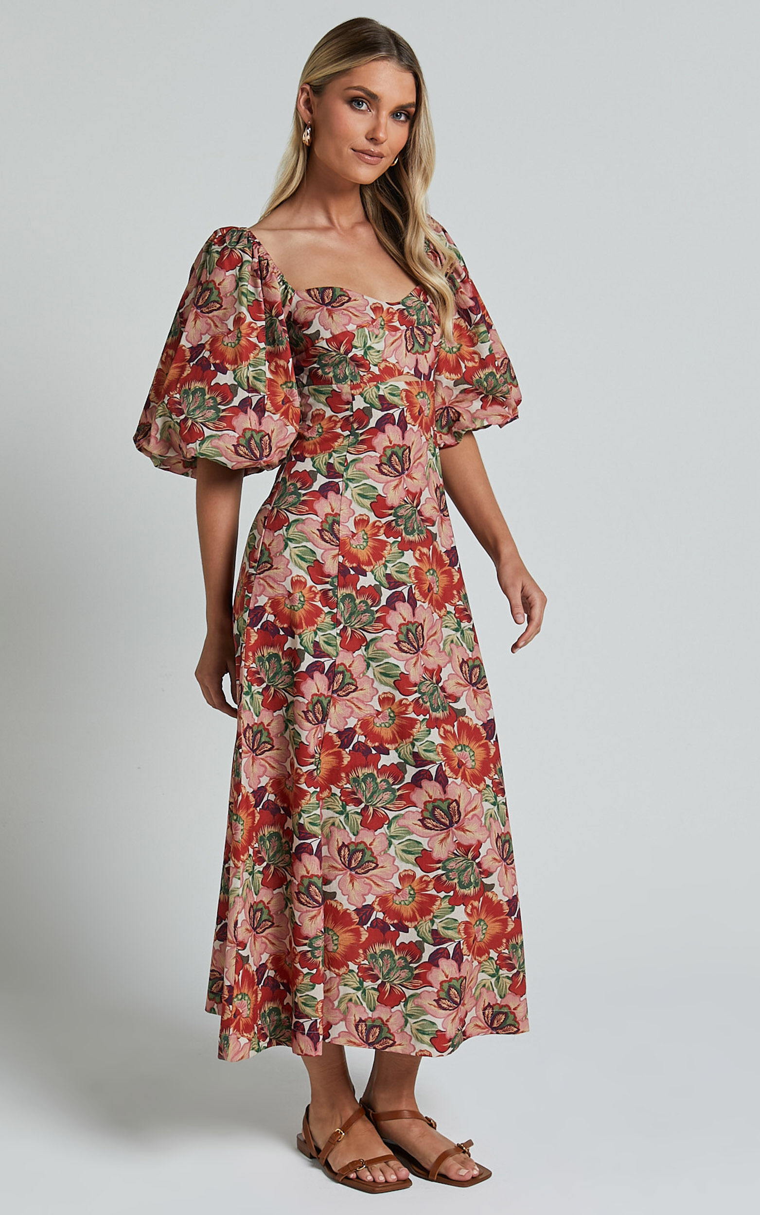 Amalie The Label - Catalina Linen Blend Sweetheart Balloon Sleeve Midi Dress in Musee Print