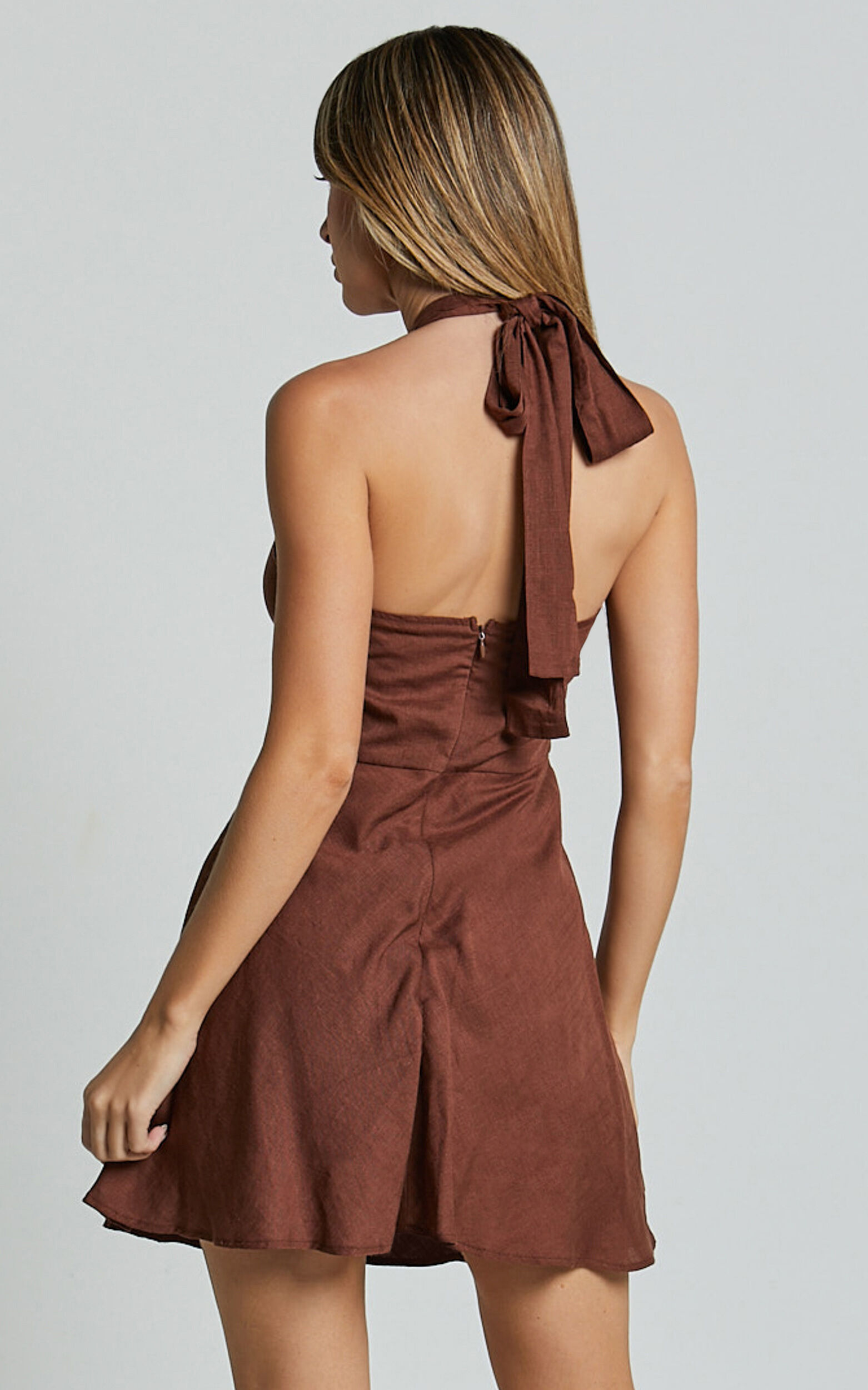 Louie Mini Dress - Linen Halter Neck Dress in Chocolate