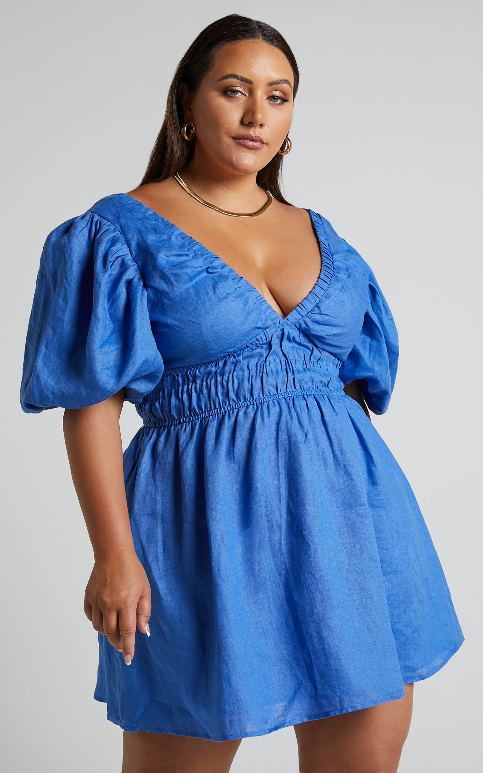 Amalie The Label - Khaila Linen Plunge Puff Sleeve Mini Linen Dress in Blue
