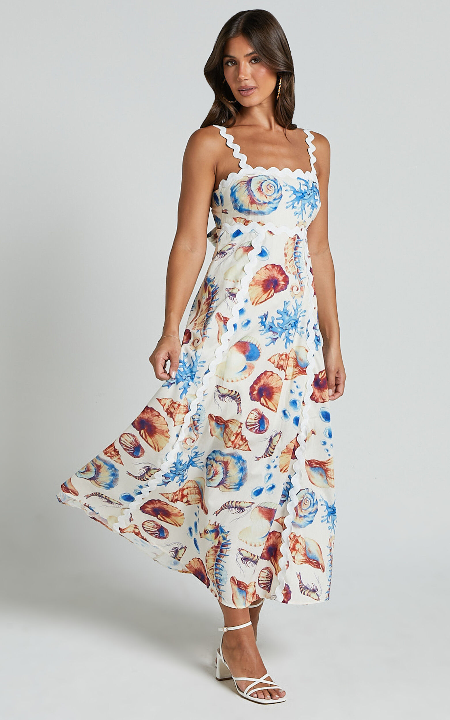 Lani Maxi Dress - Wavy Strap and Neck A Line Dress in Blue and Yellow Print