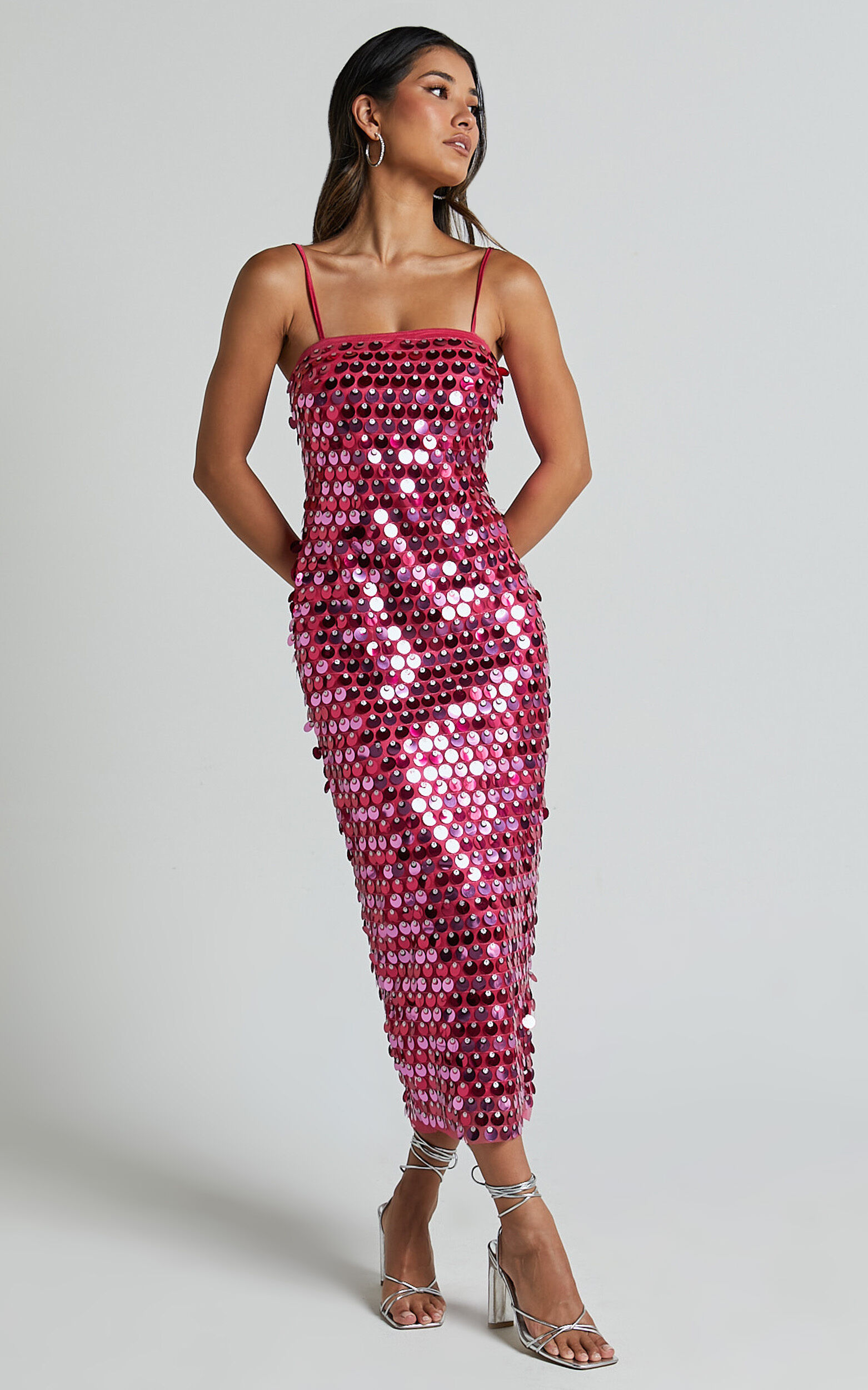Amarie Midi Dress - Circle Sequin Dress in Pink