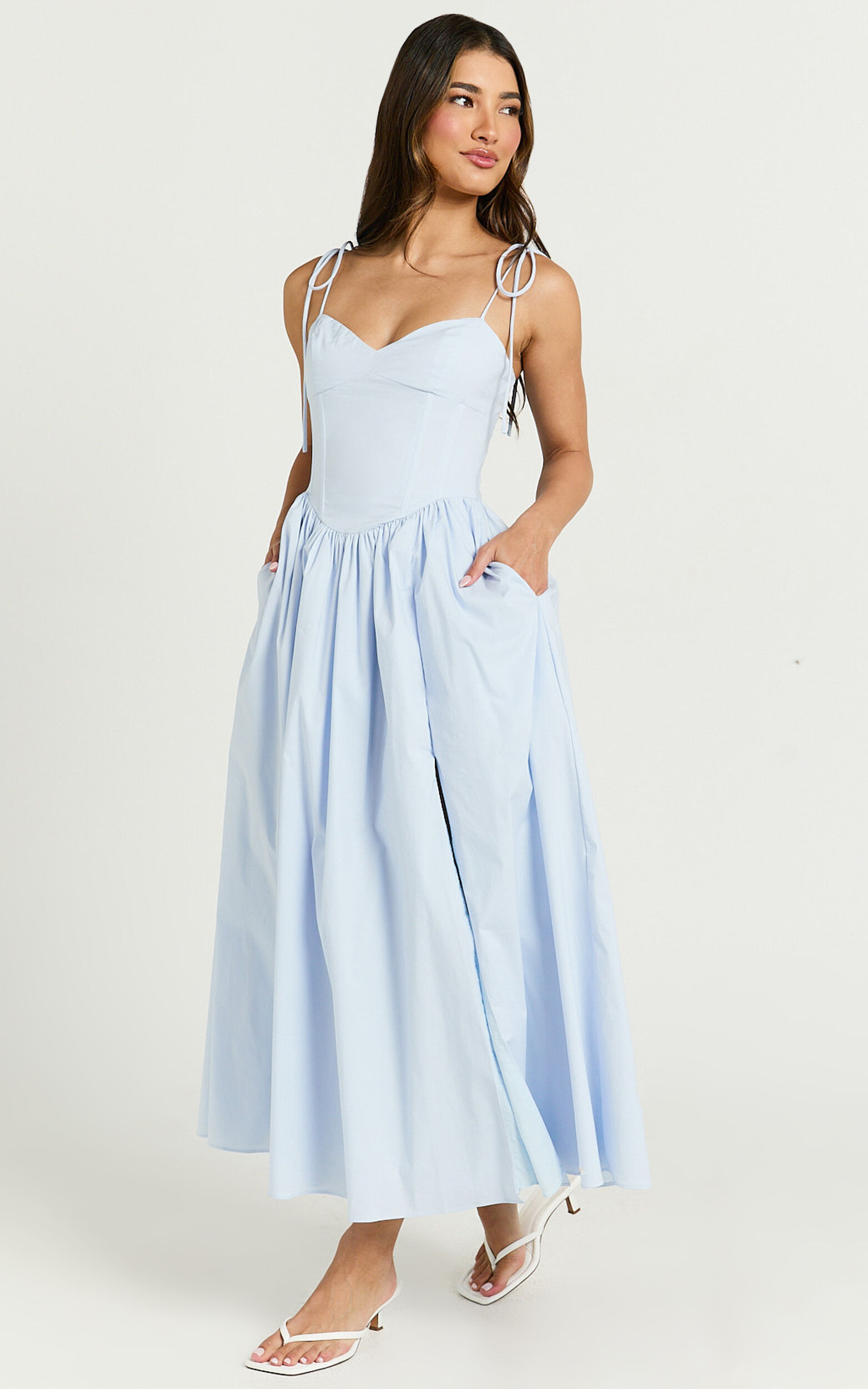 Holly Midi Dress - Corset Lace Up Dress with Split in Soft Blue