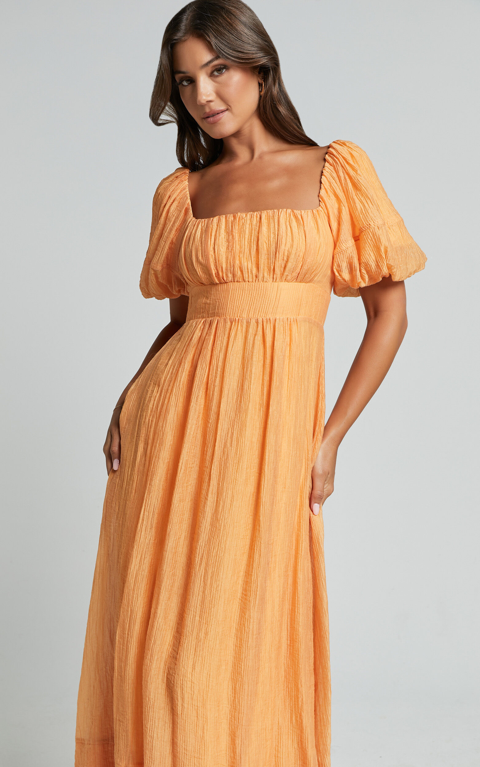 Roshina Midi Dress - Straight Neck Puff Sleeve Dress in Orange