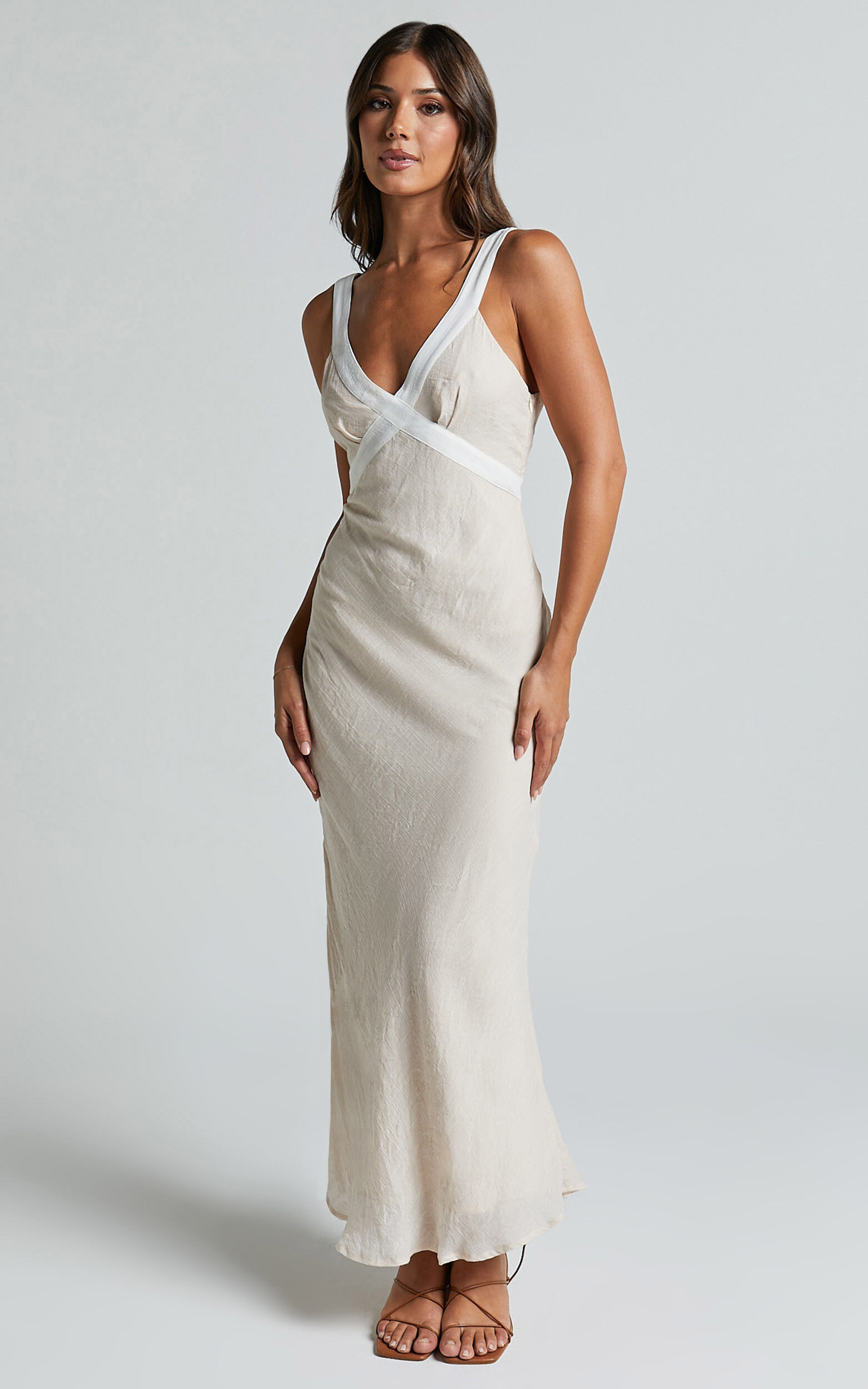 Chakyra Midi Linen Dress - Contrast Strap Bias Cut Column Dress in Beige with White Contrast