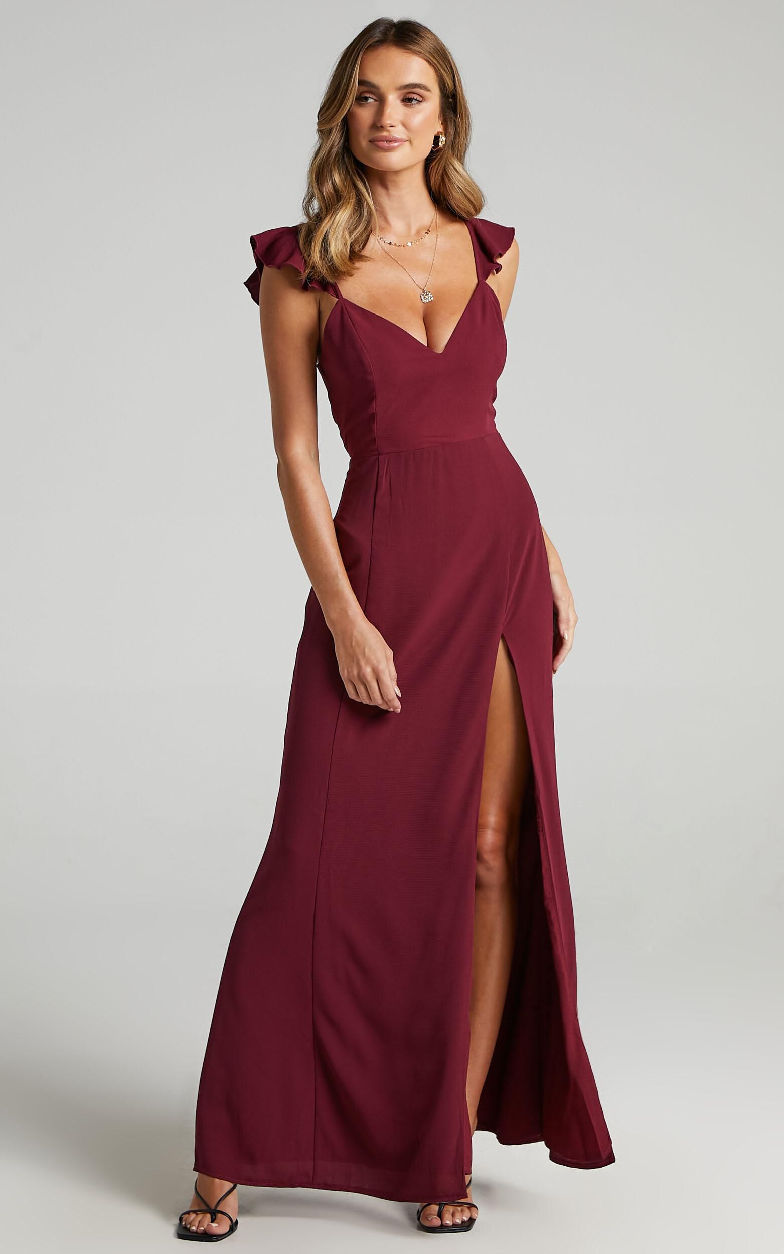 More Than This Maxi Dress - Ruffle Strap Thigh Split Dress in Wine