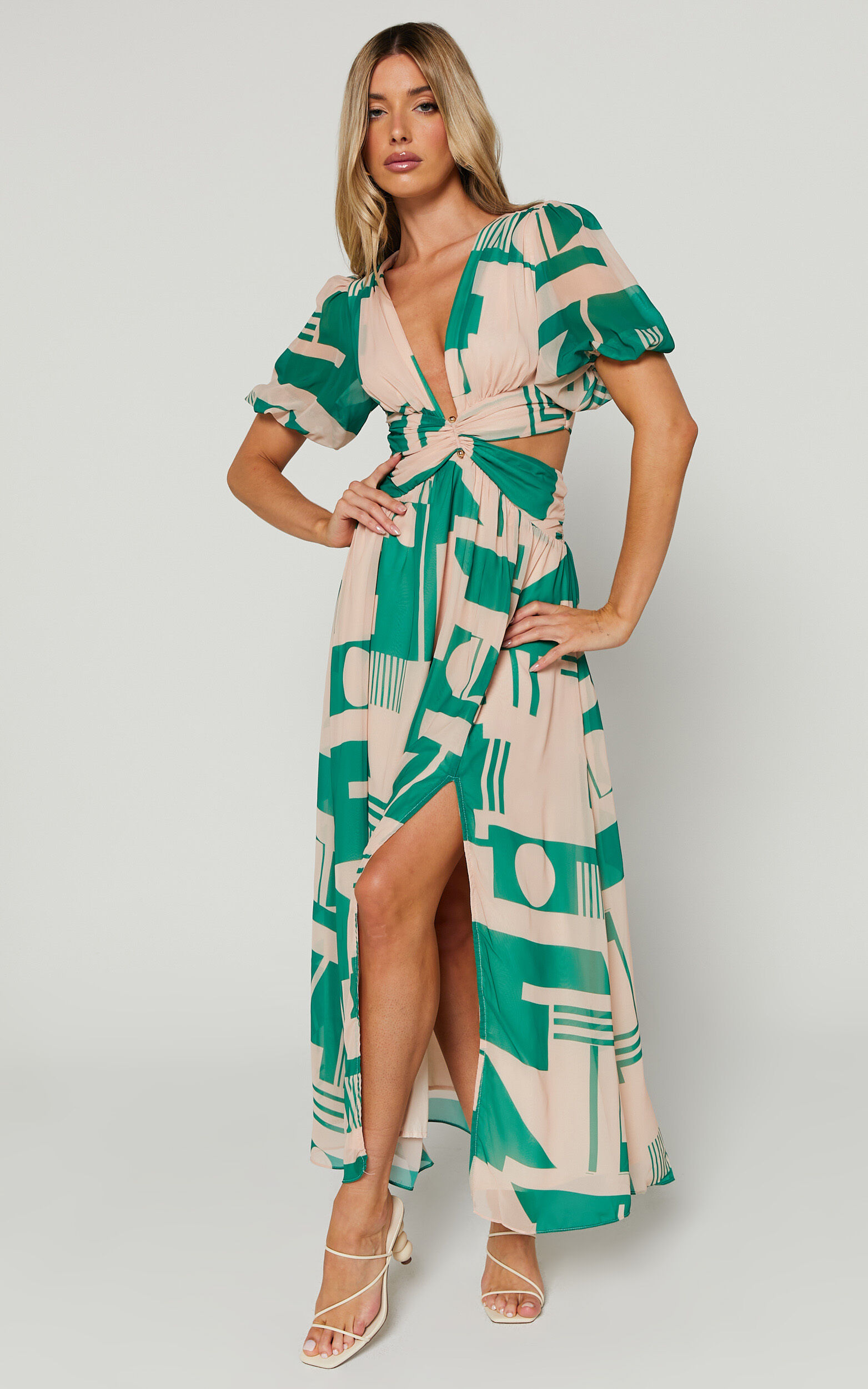 Lindey Midi Dress - Side Cut Plunge Neck Puff Sleeve Dress in Green and Cream Geo