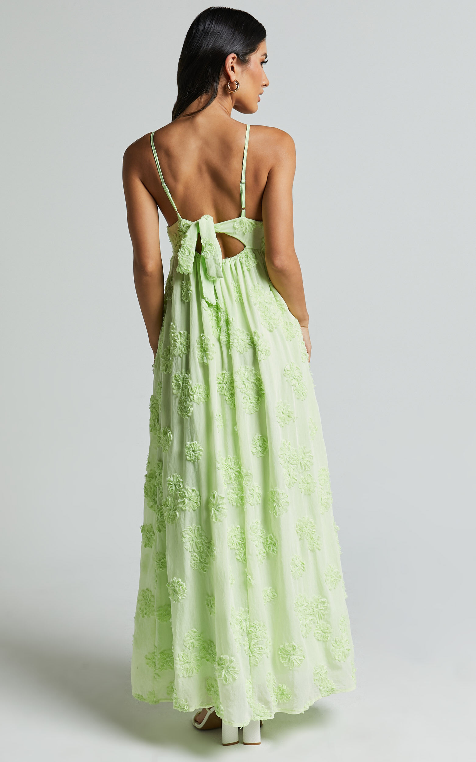Claya Maxi Dress - Sleeveless Straight Neckline Floral Detail Dress in Lime