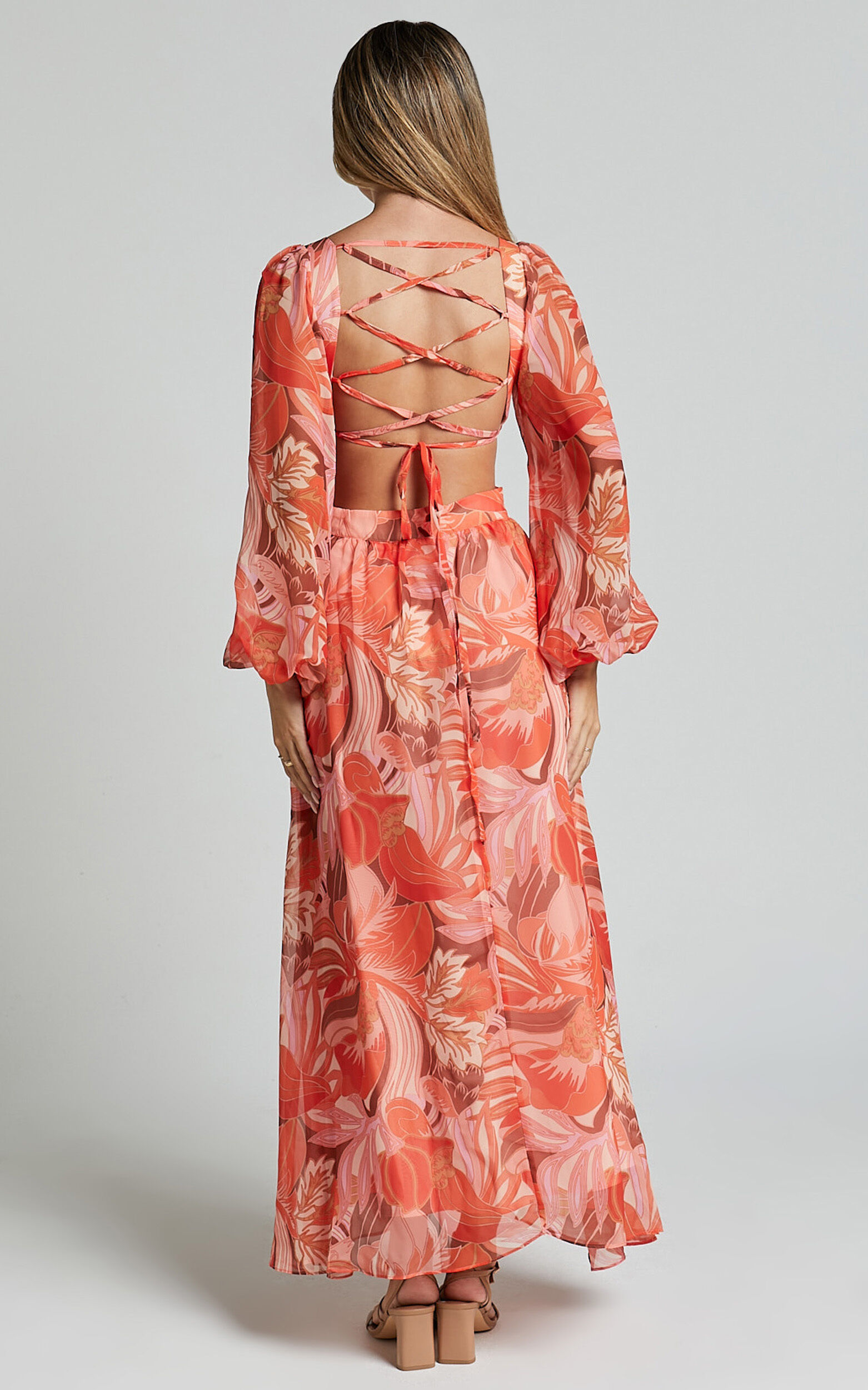 Deborah Midi Dress - Ballon Sleeve V Neck Side Cut Out Dress in Orange Floral