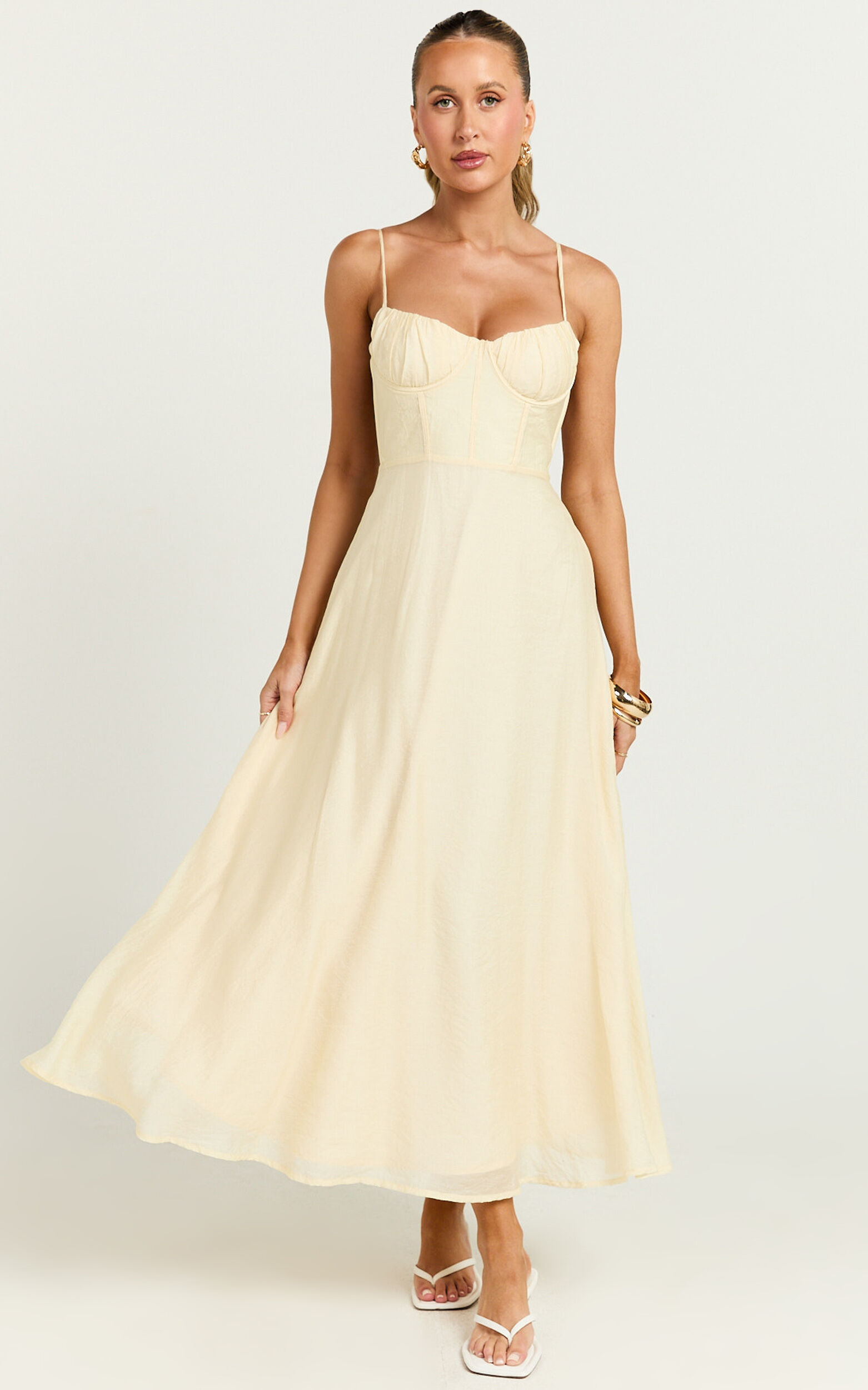 Avalyn Midi Dress - Ruched Bust Corset Dress in Butter