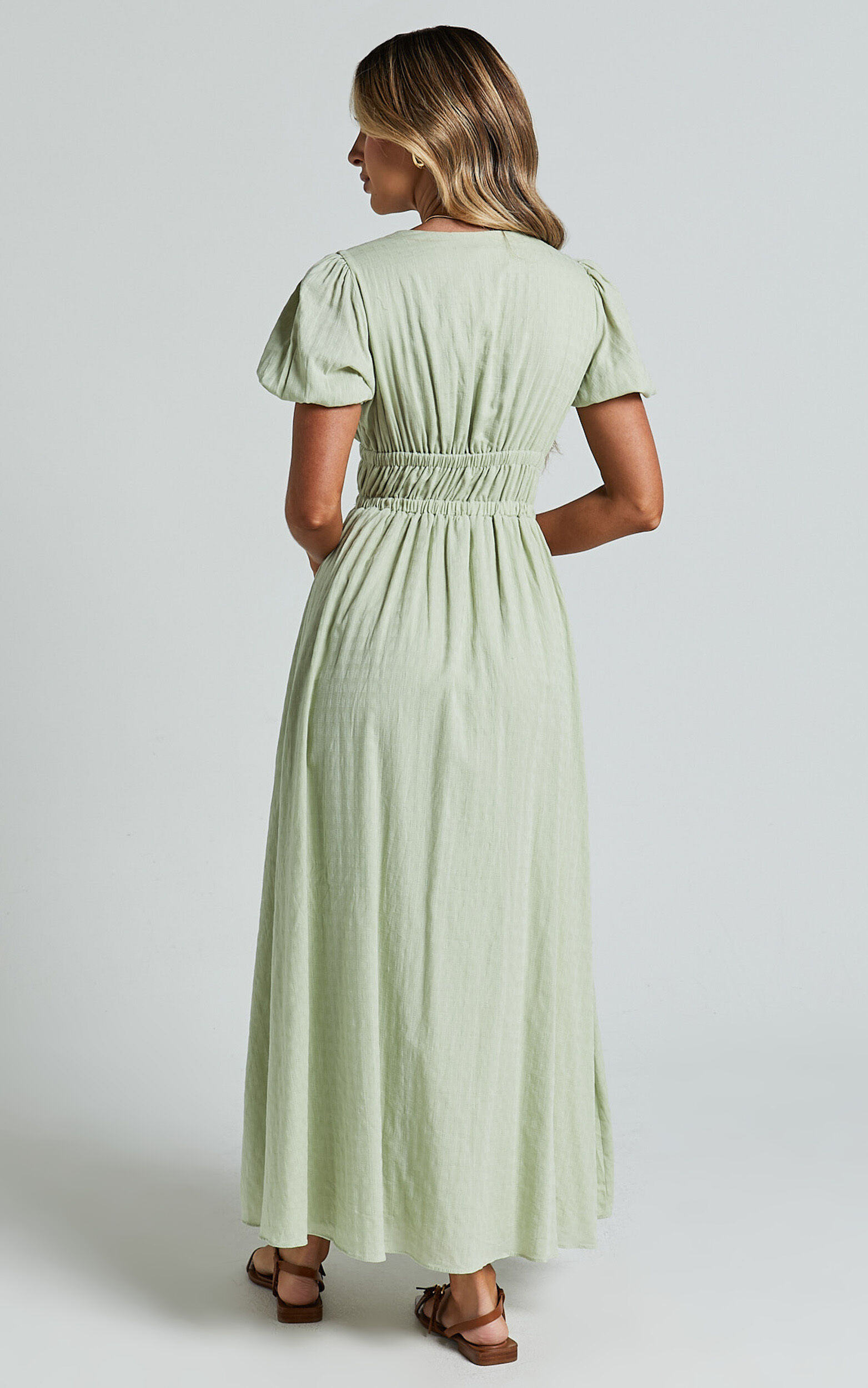 Matteo Midi Dress - Deep V Neck Puff Sleeve Dress in Sage