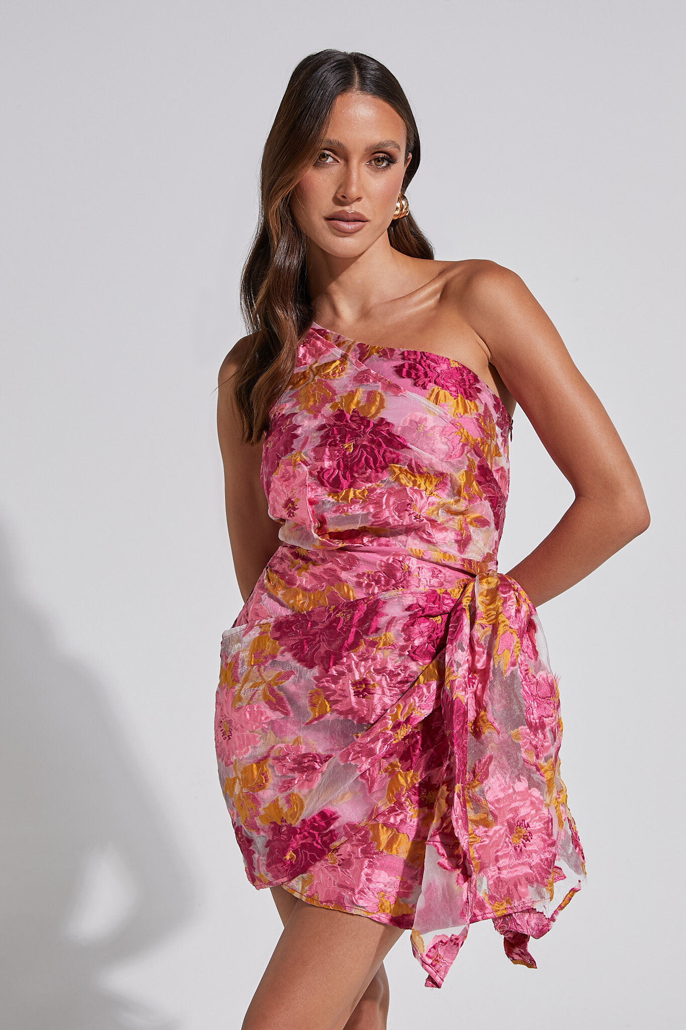 Brailey Mini Dress - One Shoulder Wrap Front Dress in Pink Jacquard