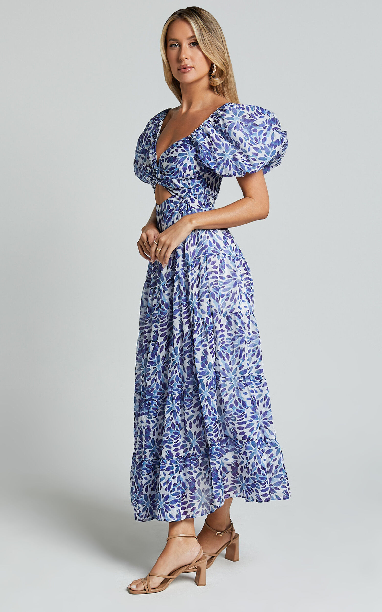 Nelrose Midi Dress - Short Puff Sleeve Front Cut Out Dress in Blue Print