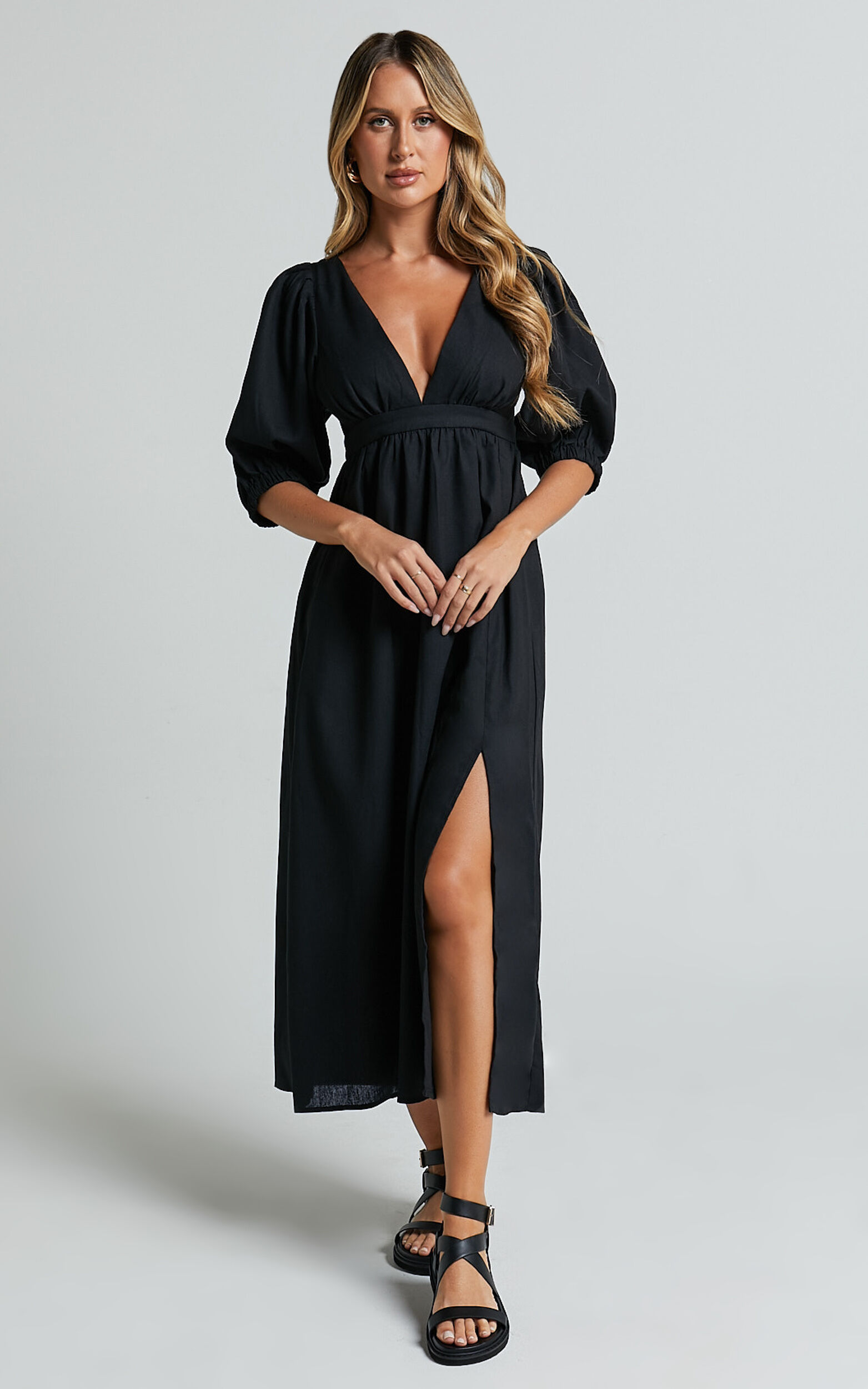 Eidie Midi Dress - Linen Puff Sleeve Open Tie Back Flare Dress in Black