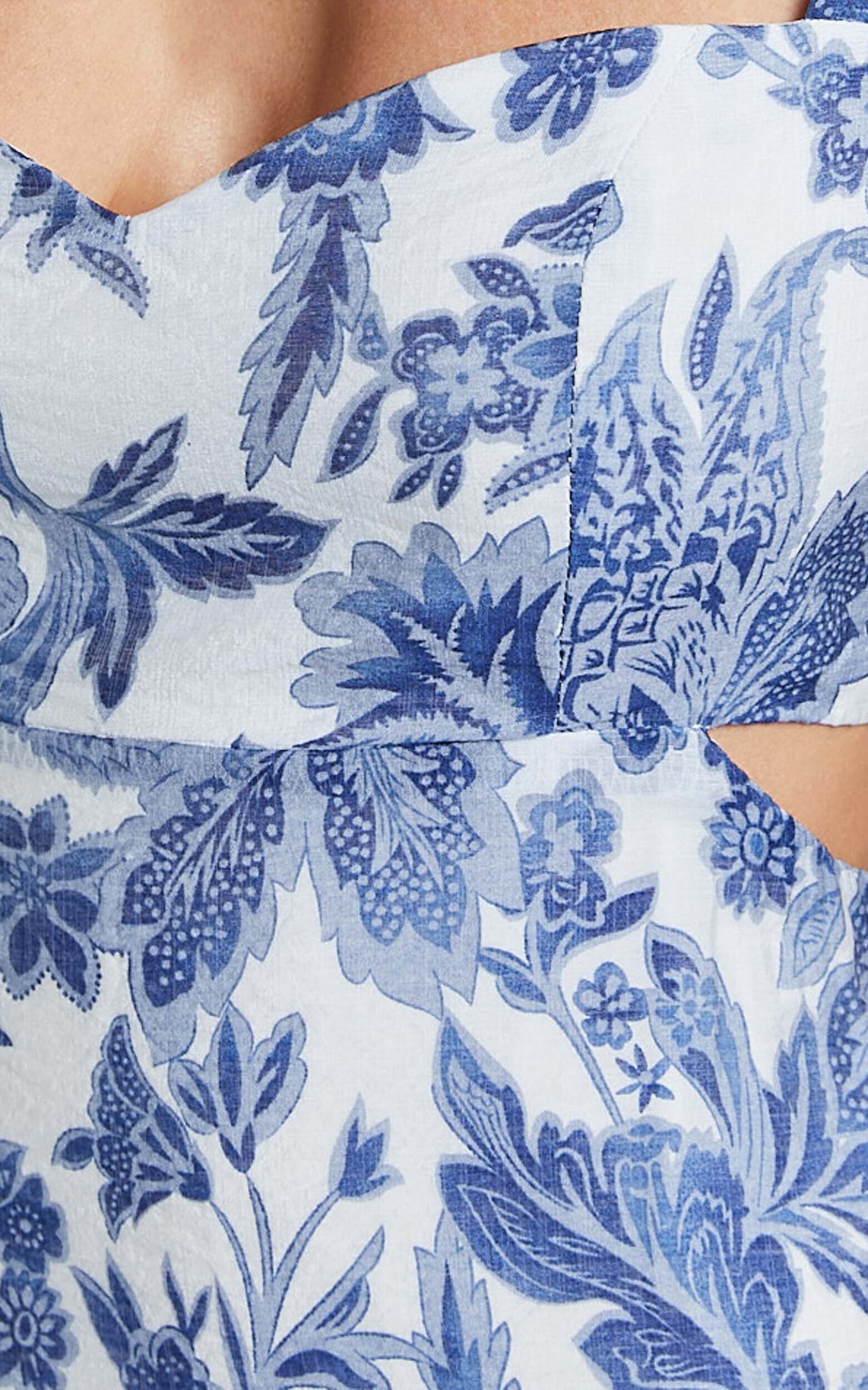 Jackleyn Midi Dress - Sweetheart A Line Dress in Blue Floral