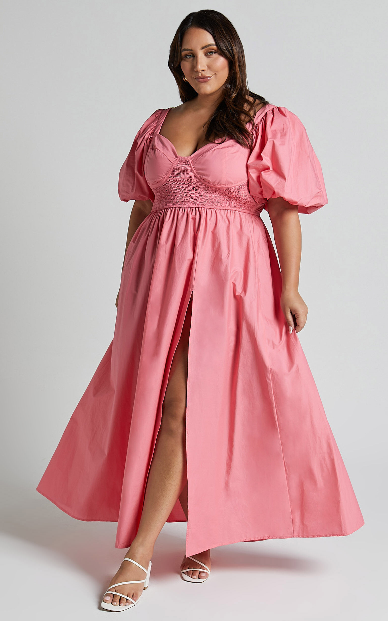 Raiza Midi Dress - Shirred Waist Puff Sleeve Dress in Coral Pink