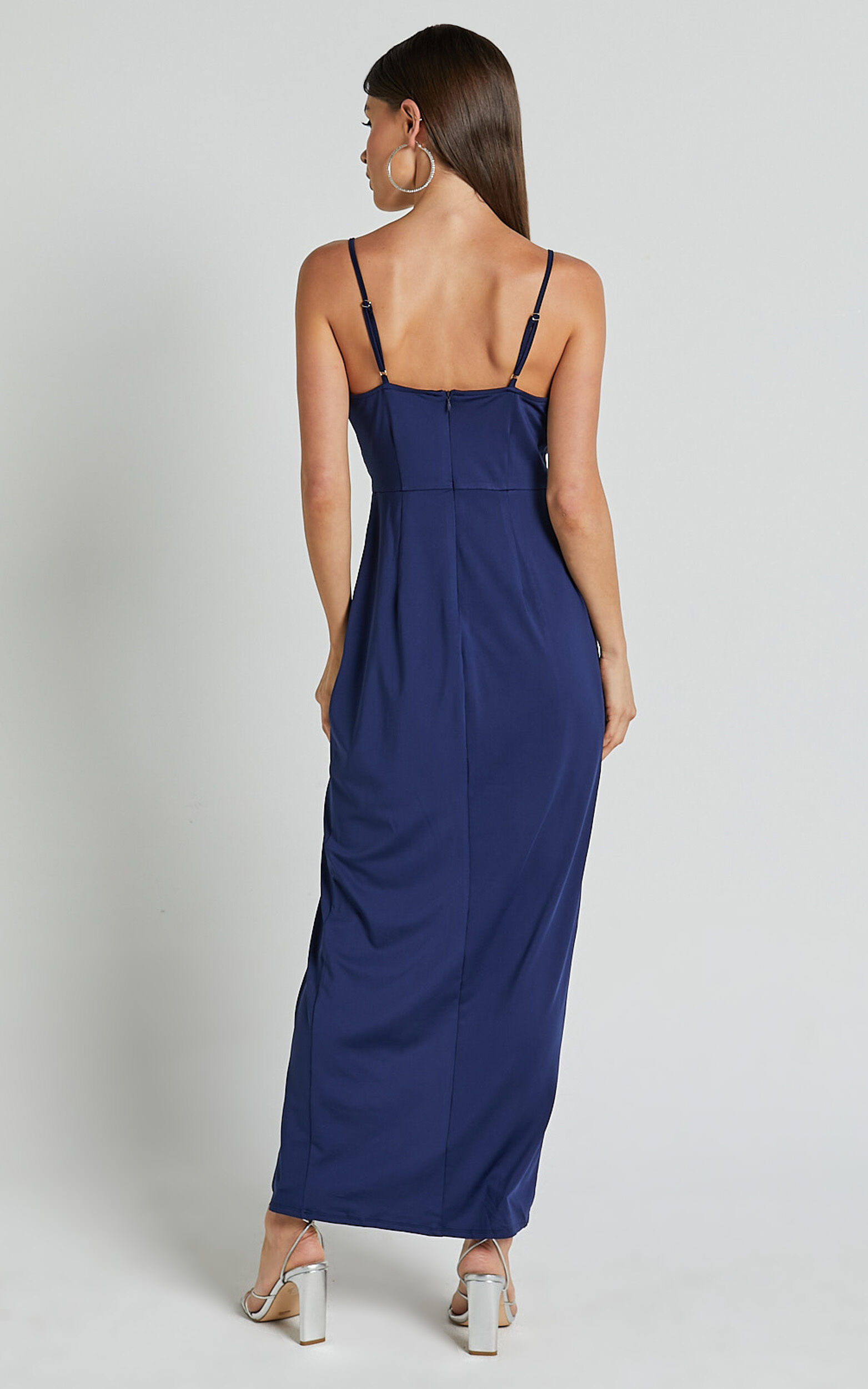 Dominique Midi Dress - V Neck Twist Front Jersey Dress in Navy