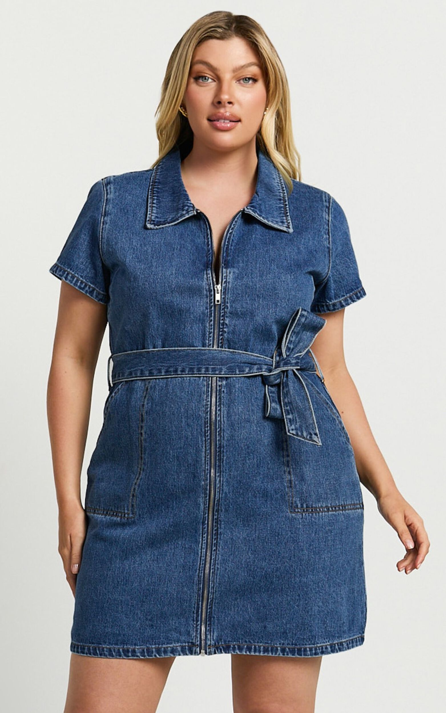 Nandini Mini Dress - Zip Through Denim Dress in Blue
