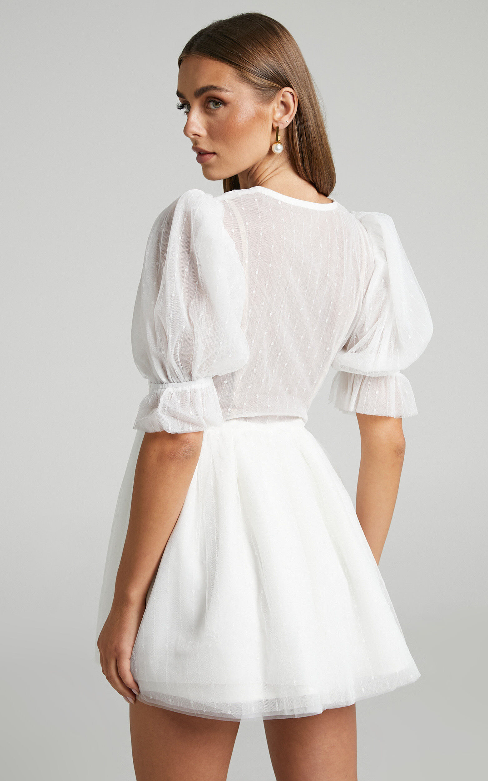 Akshia Mini Dress - Puff Sleeve Floral Detail Plunge Neck Dress in White