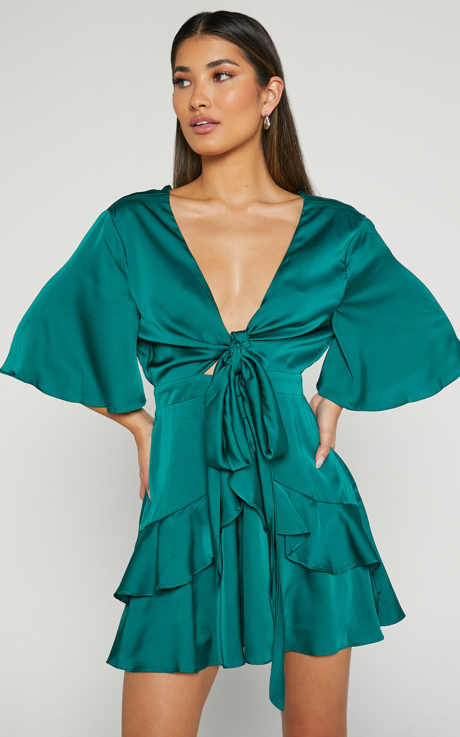 Carmella Mini Dress - Plunge Neck Short Flutter Sleeve Dress in Emerald