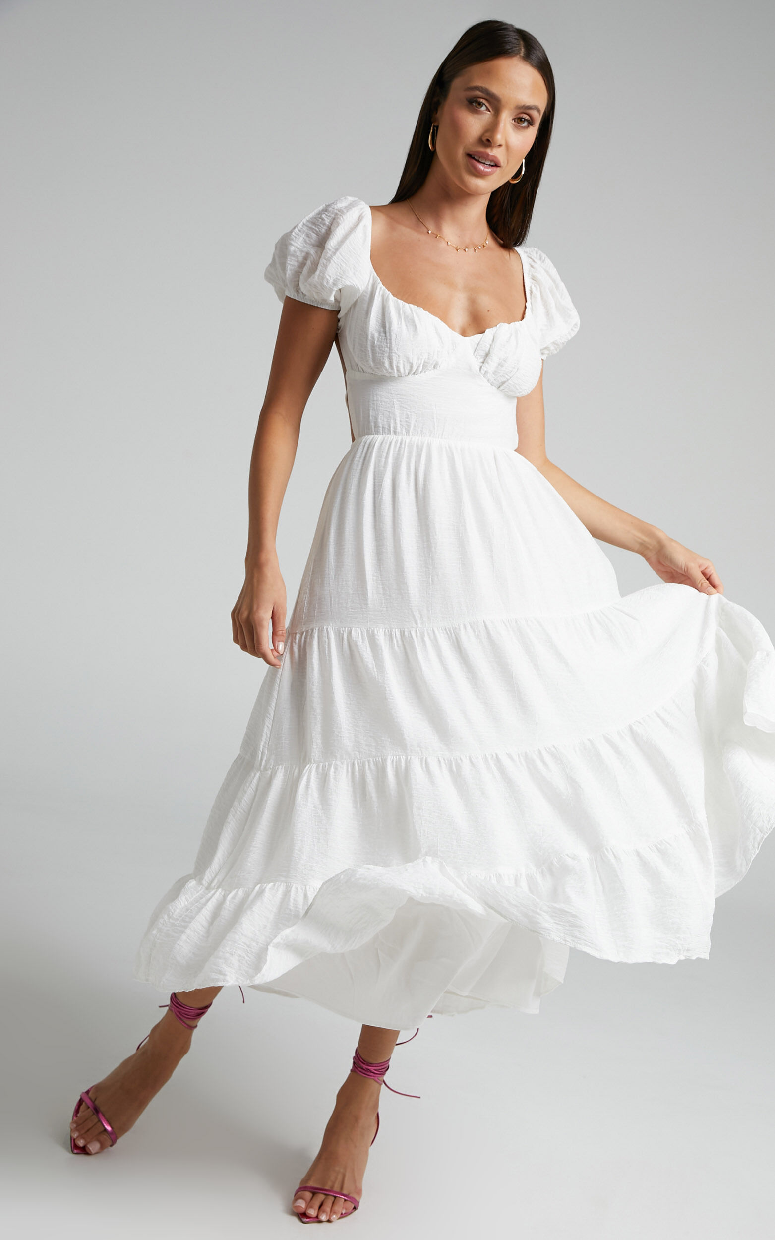 Anita Midi Dress - Puff Sleeve Tiered Dress in White