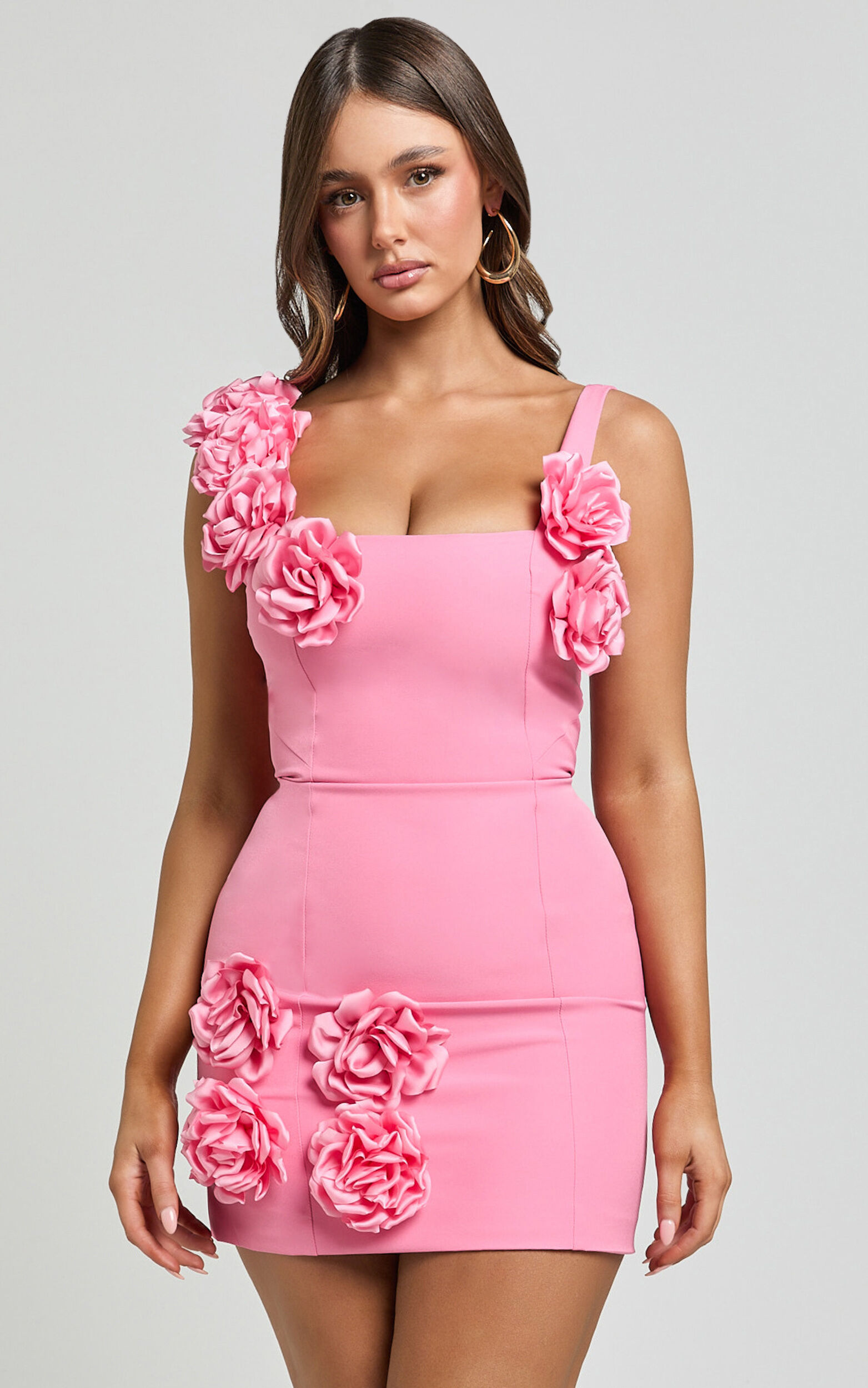 Emmy Mini Dress - Rosette Detail Fitted Dress in Bubblegum Pink