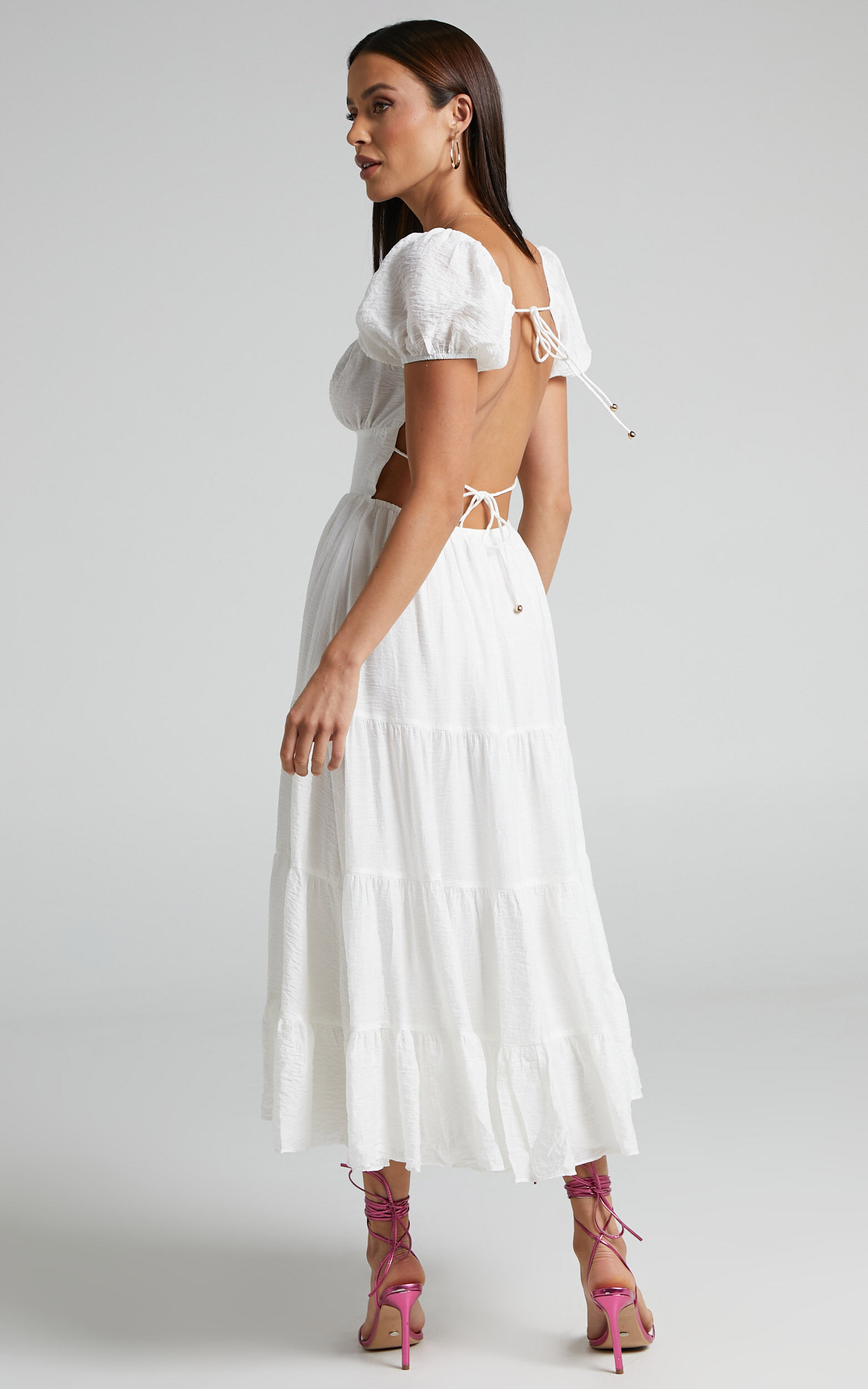 Anita Midi Dress - Puff Sleeve Tiered Dress in White
