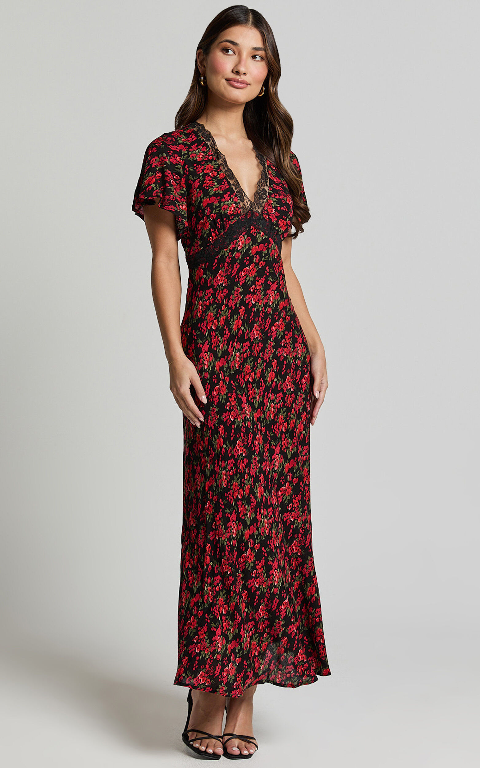 Vanya Midi Dress - V Neck Short Sleeve Lace Trim Tie Back Slip Dress in Black Floral