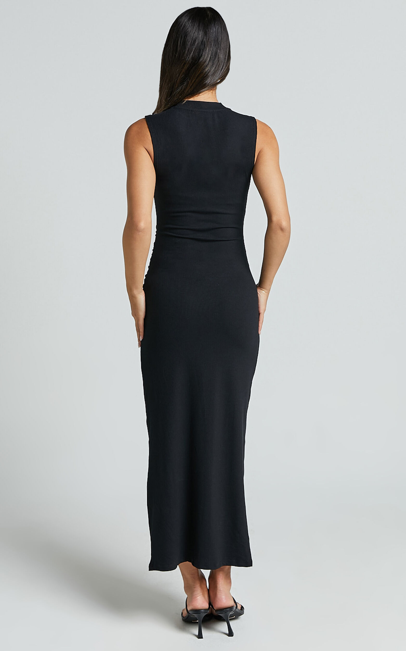 Carly Midi Dress - High Neck Ruched Dress in Black