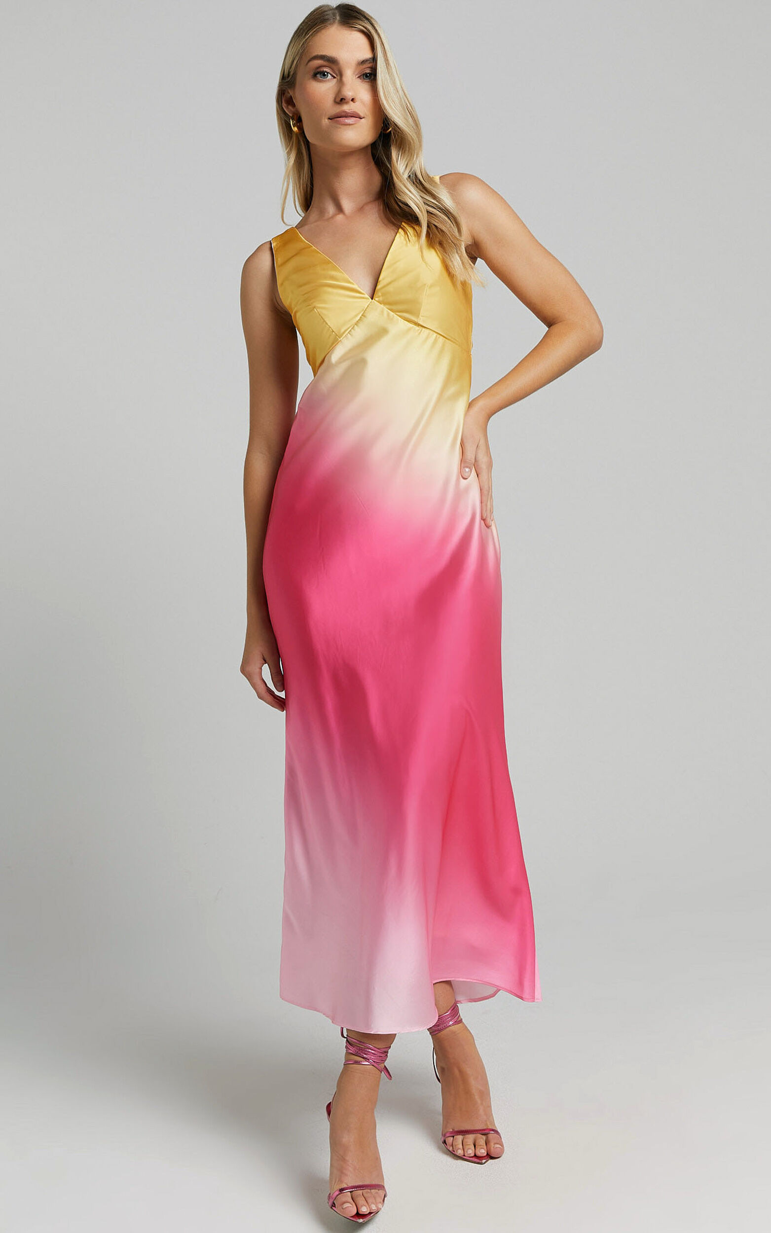 Erika Midi Dress - V Neck Satin Slip Dress in SUNSET OMBRE