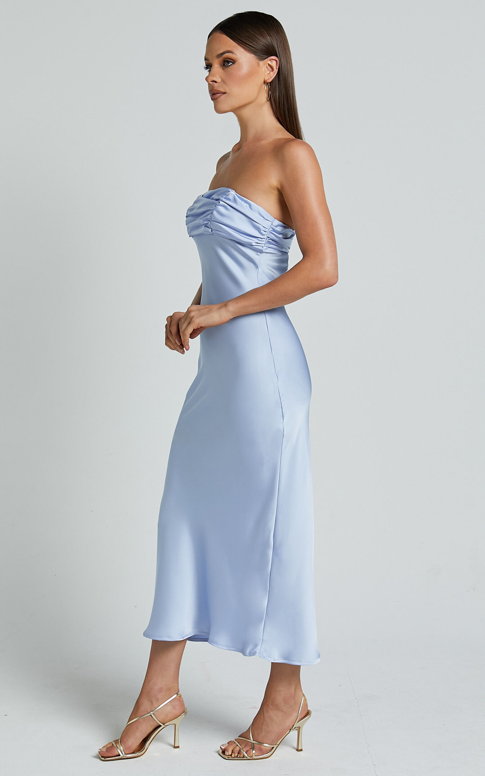 Margot Midi Dress - Gathered Bust Detail Strapless Satin Bias Cut Dress in Light Blue