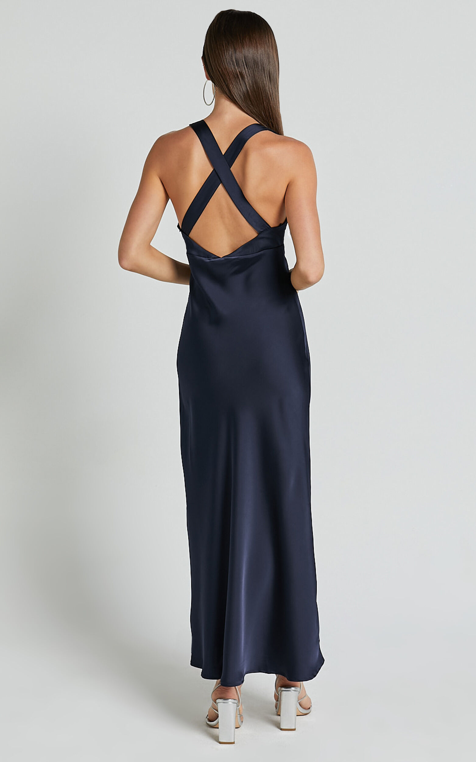 Khalani Midi Dress - Deep V Neck Satin Slip Dress in Navy