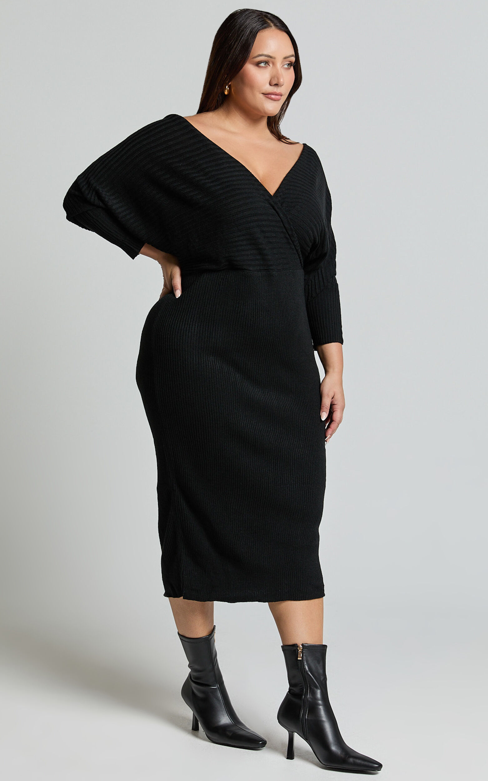 Sheika Midi Dress - Long Sleeve Off Shoulder Knit Dress in Black
