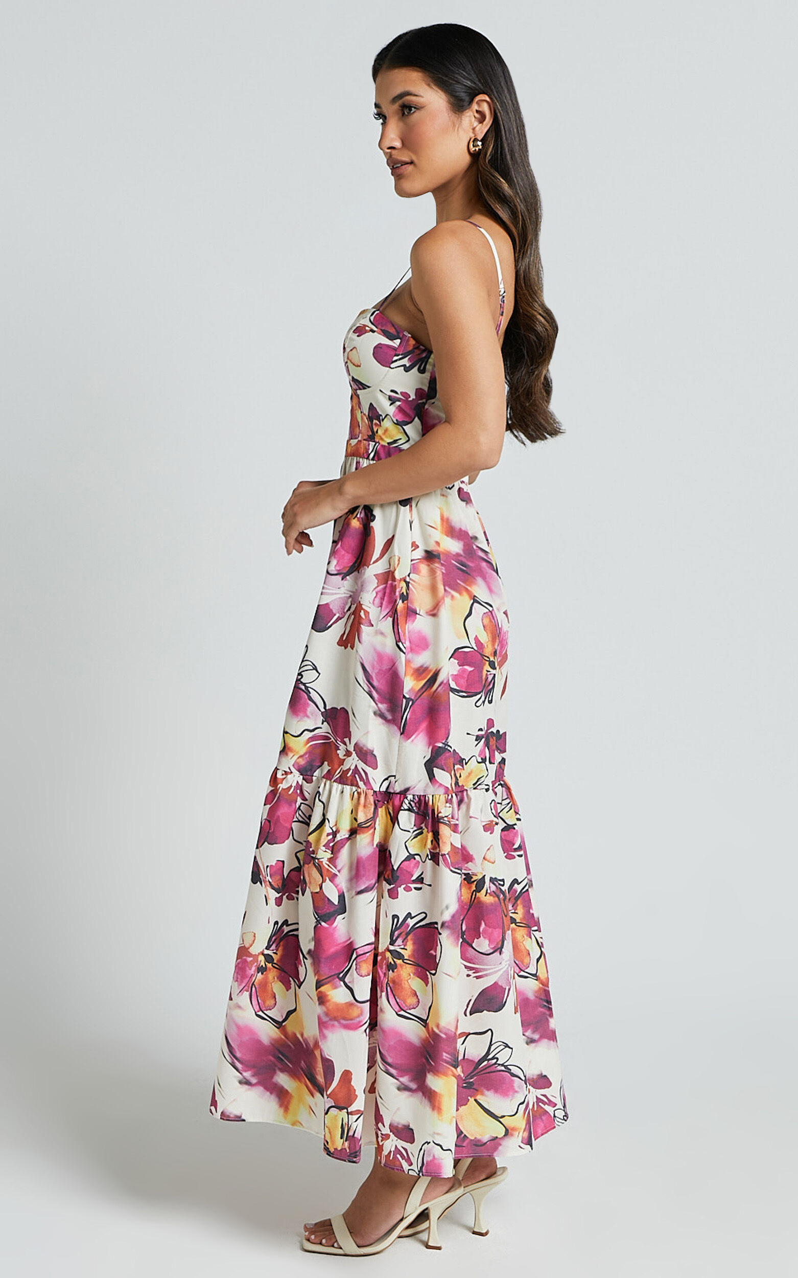 Adara Midi Dress - Strappy Bustier Dress in Dahlia Dusk Floral