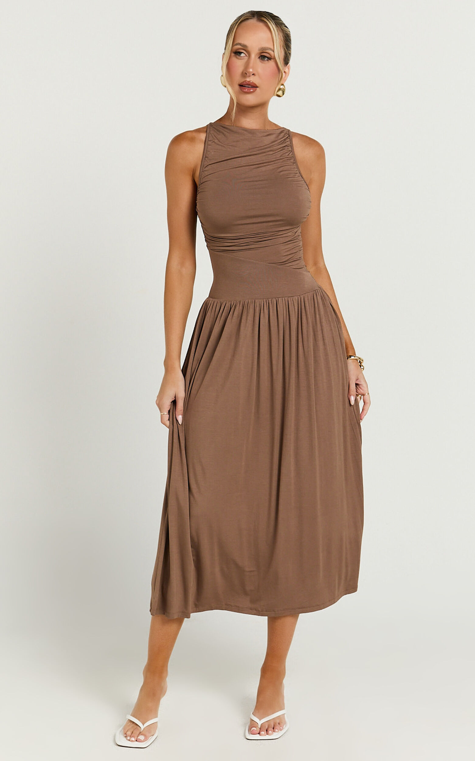 Anciel Midi Dress - Ruched Drop Waist Dress in Chocolate