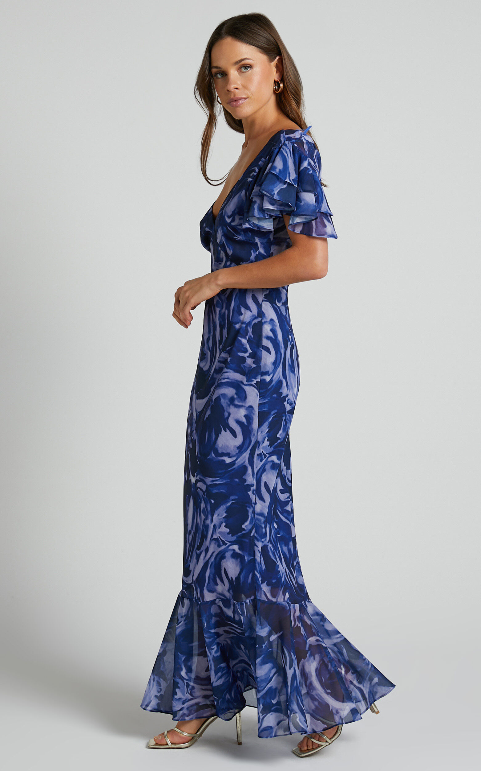 Dylana Midi Dress - V Neck Flutter Sleeve Dress in Navy Swirl