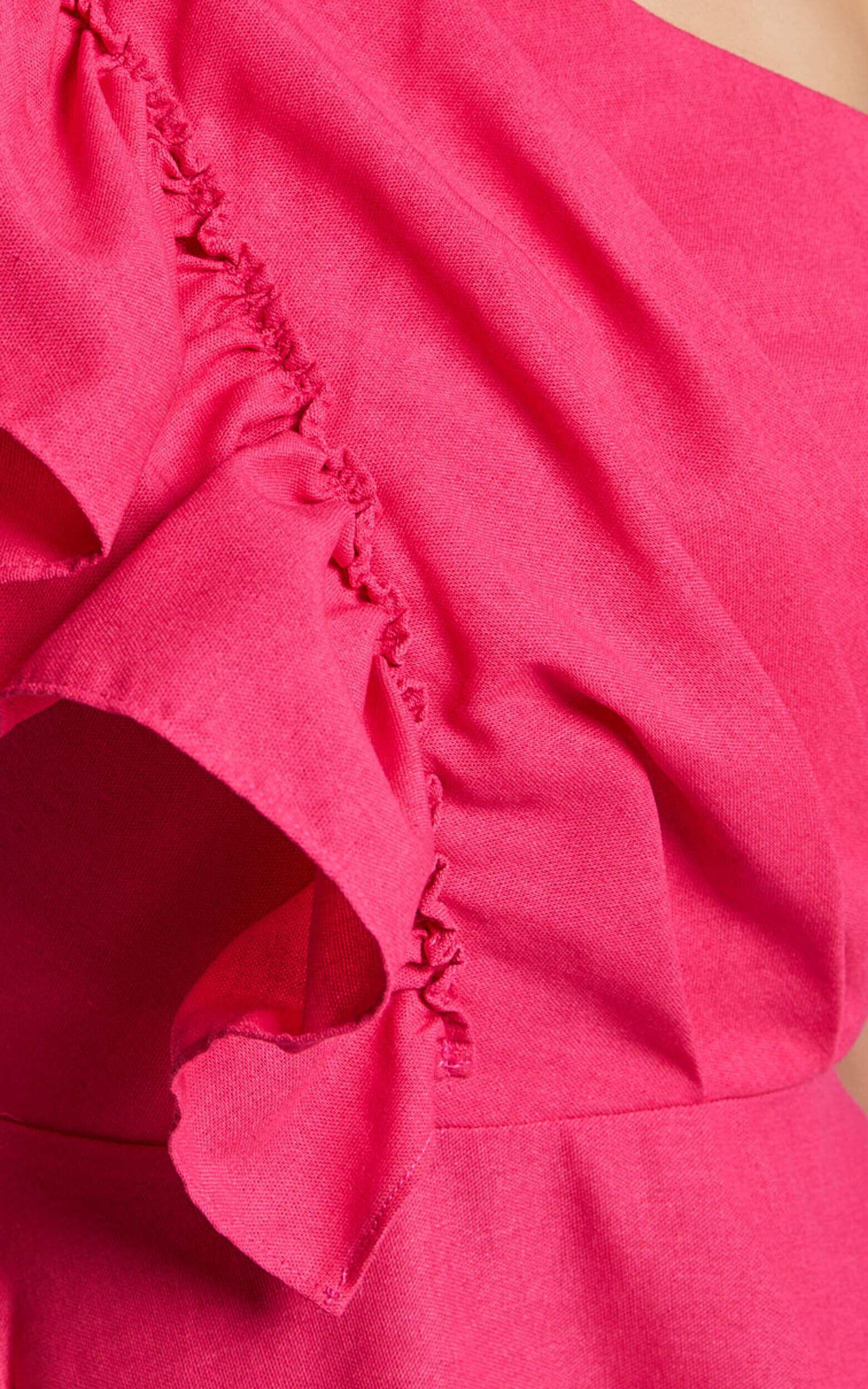 Dixie Midi Dress - Linen Look One Shoulder Ruffle Dress in Raspberry