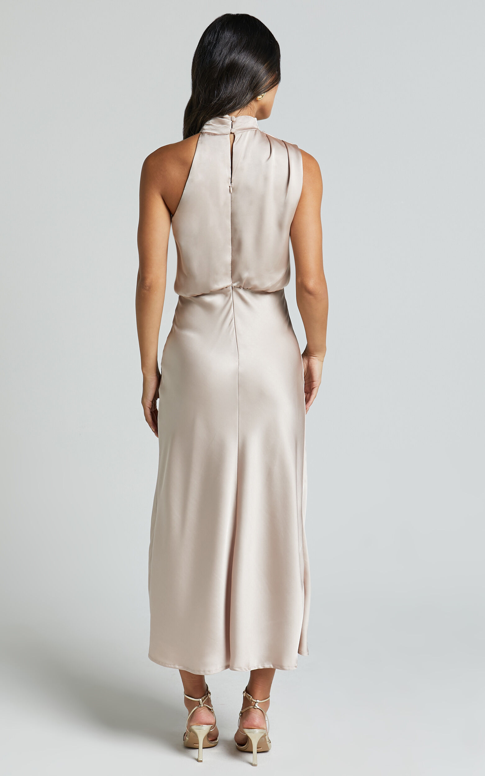 Minnie Midi Dress - Drape Neck Satin Slip Dress in Champagne