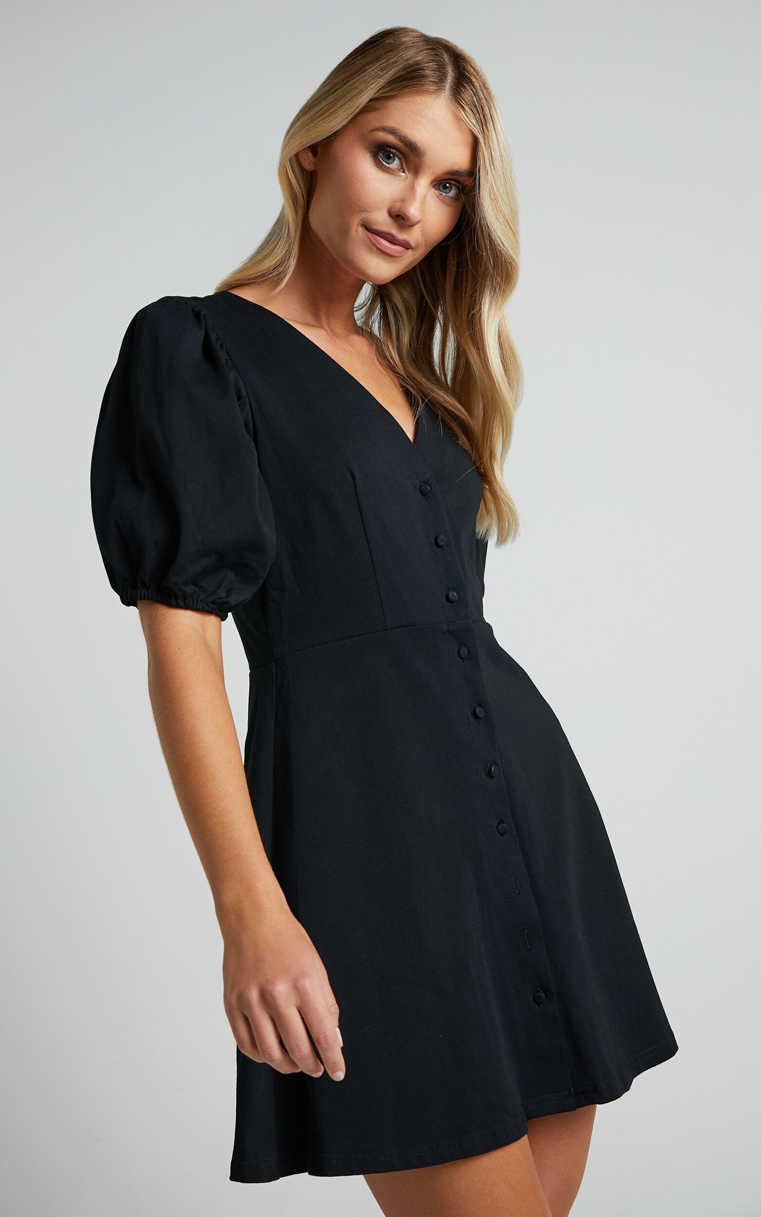 Rochelle Mini Dress - V Neck Button Through Dress in Black