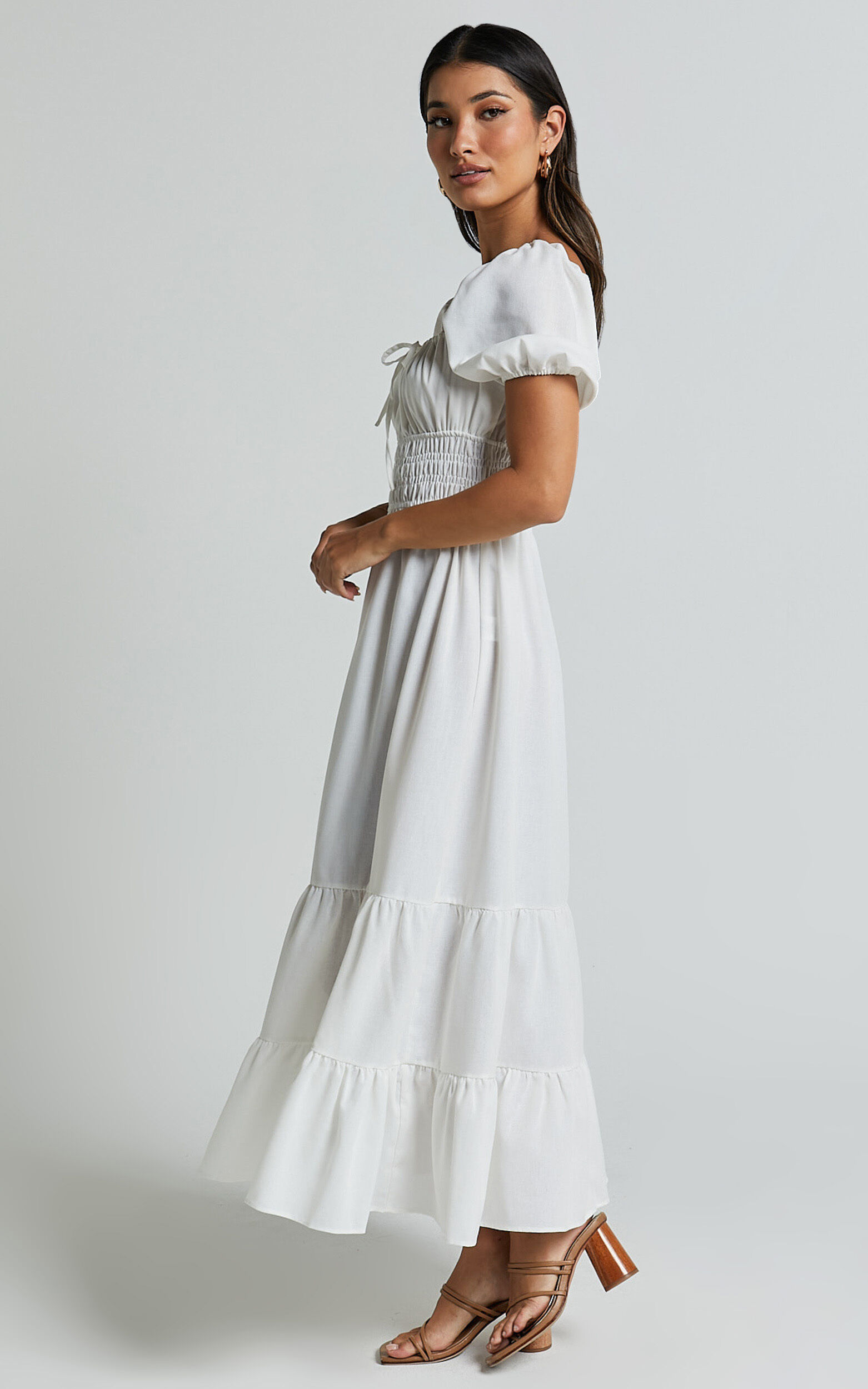 Claritza Midi Dress - Linen Look Short Puff Sleeve Square Neck Tiered Dress in White