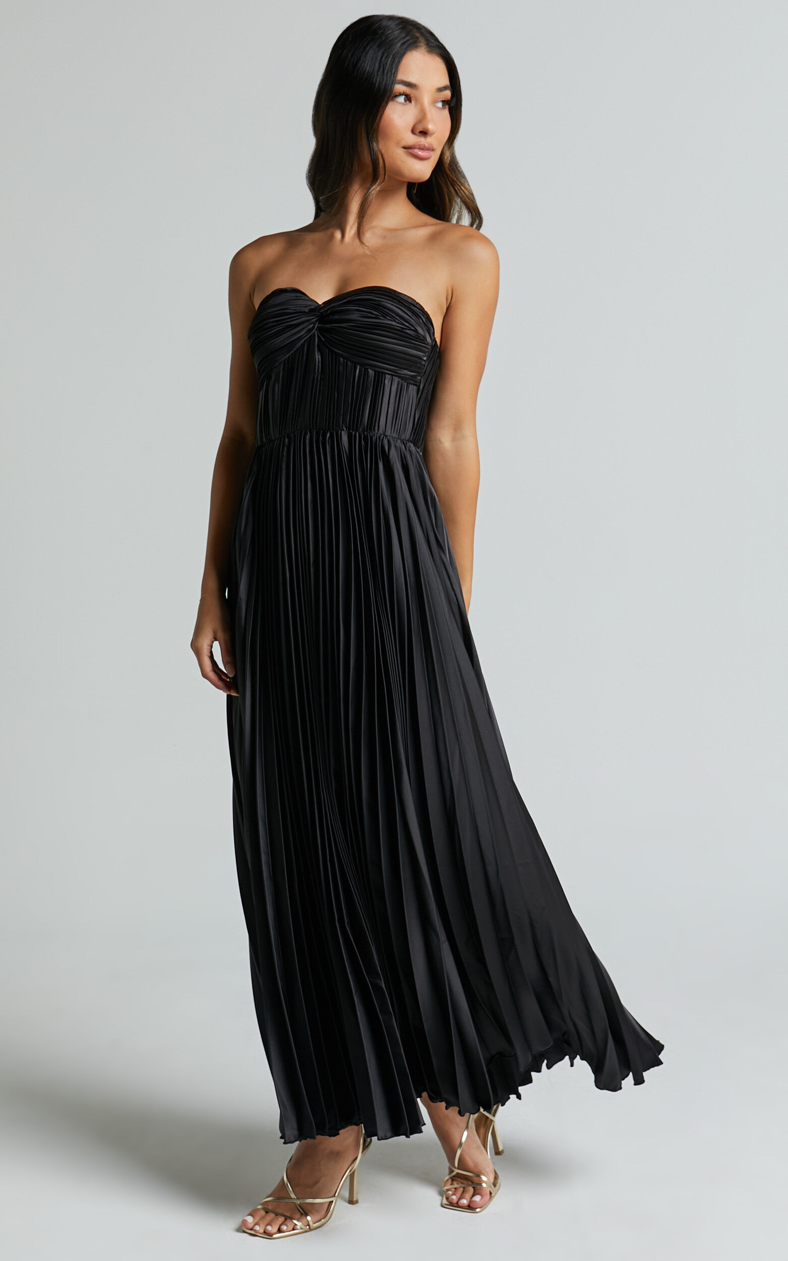 Heidi Midi Dress - Strapless Twist Bust Detail Pleated Midi Dress in Black