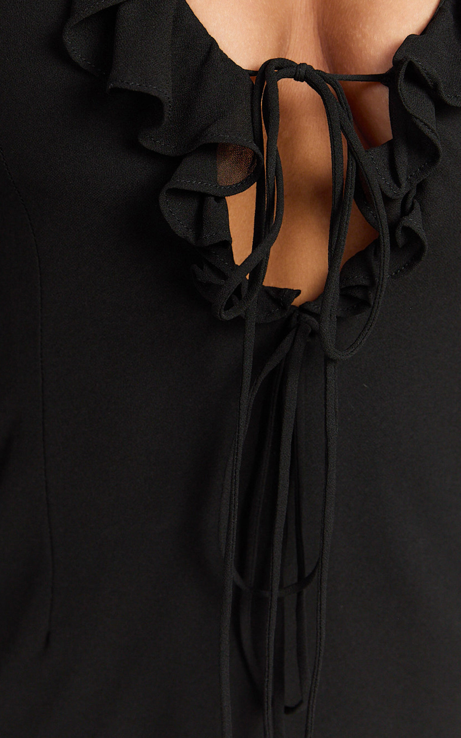 Alesya Mini Dress - Ruffle Plunge Neck Long Sleeve Tie Detail Dress in Black