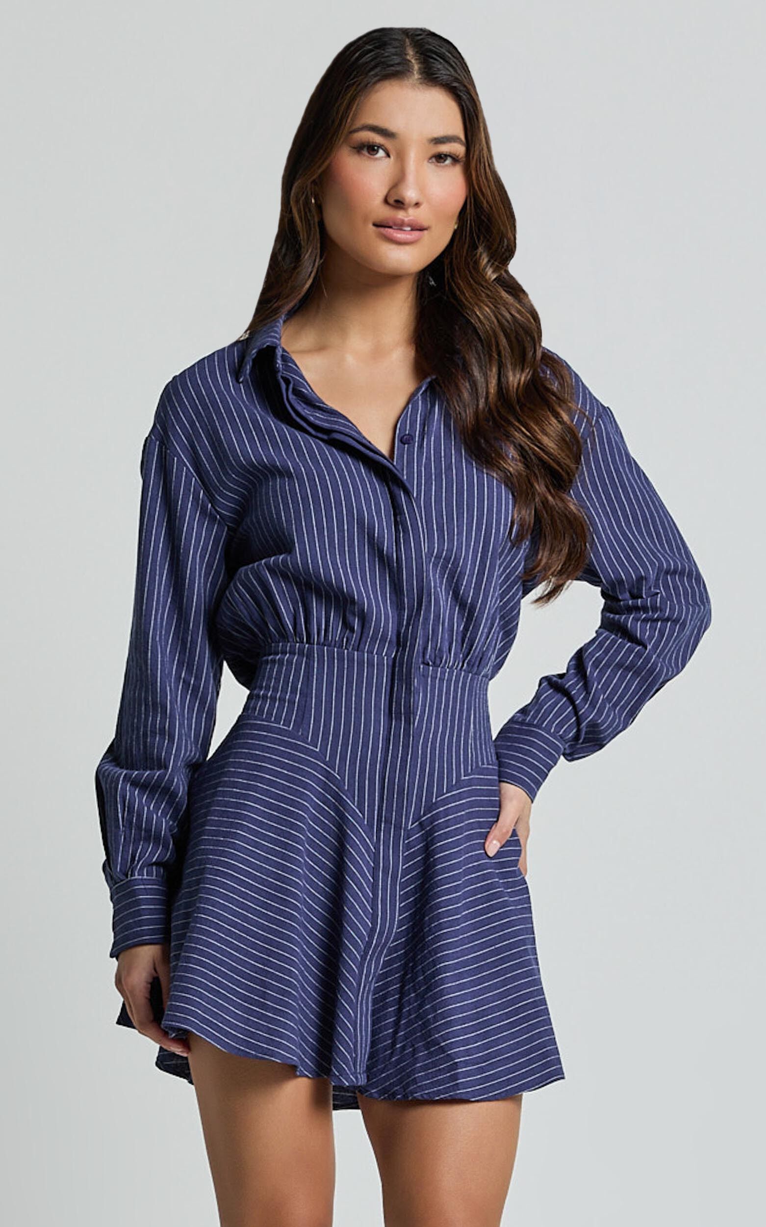 Whitney Mini Dress - Linen Long Sleeve Shirt Dress in Navy