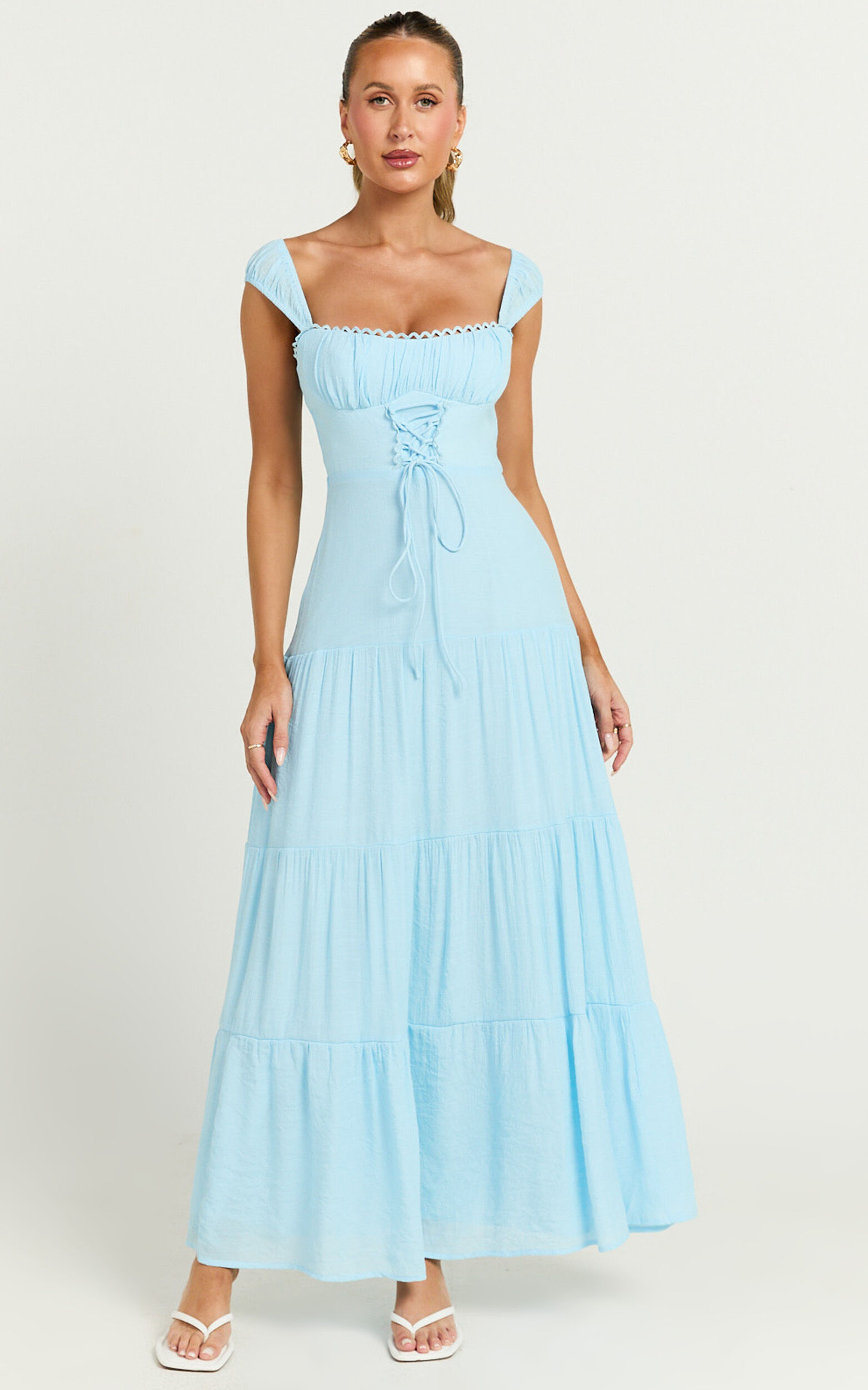 Nabby Midi Dress - Sweetheart Ruched Bust Short Sleeve Dress in Blue