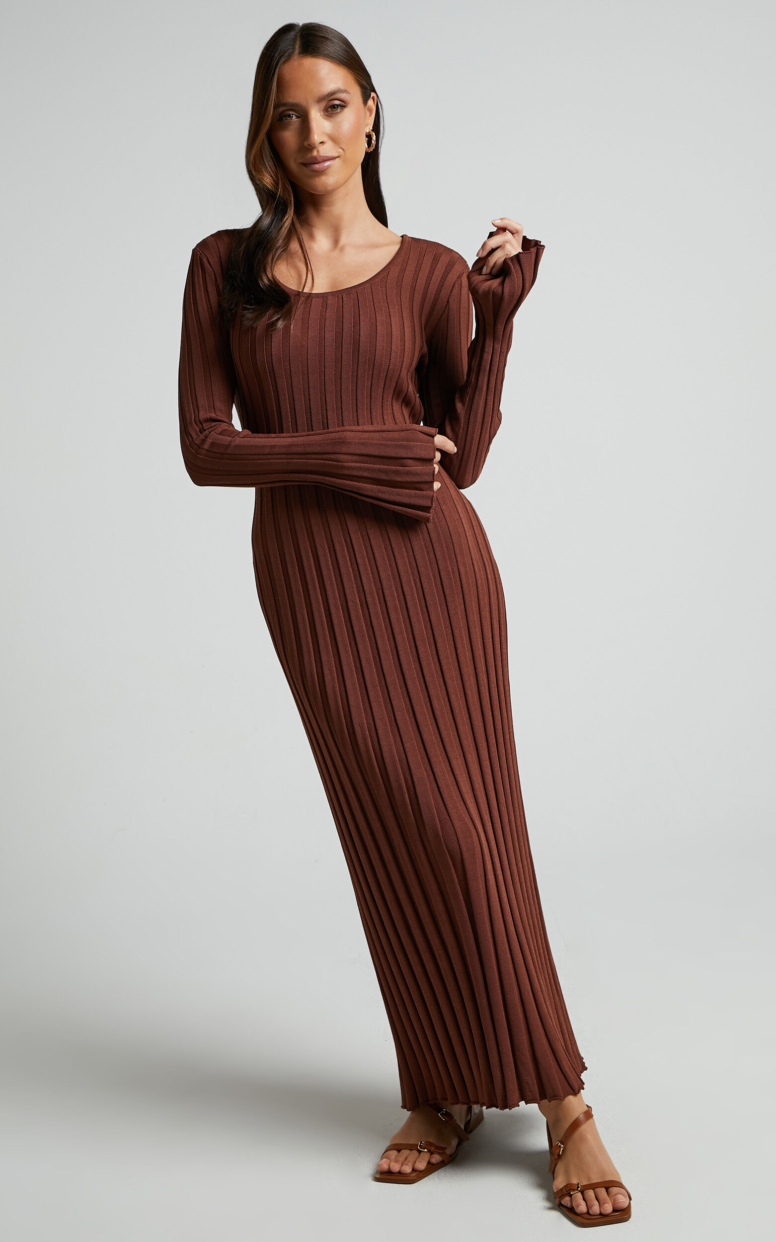 Blaire Midi Dress - Long Sleeve Tie Back Flare Dress in Chocolate