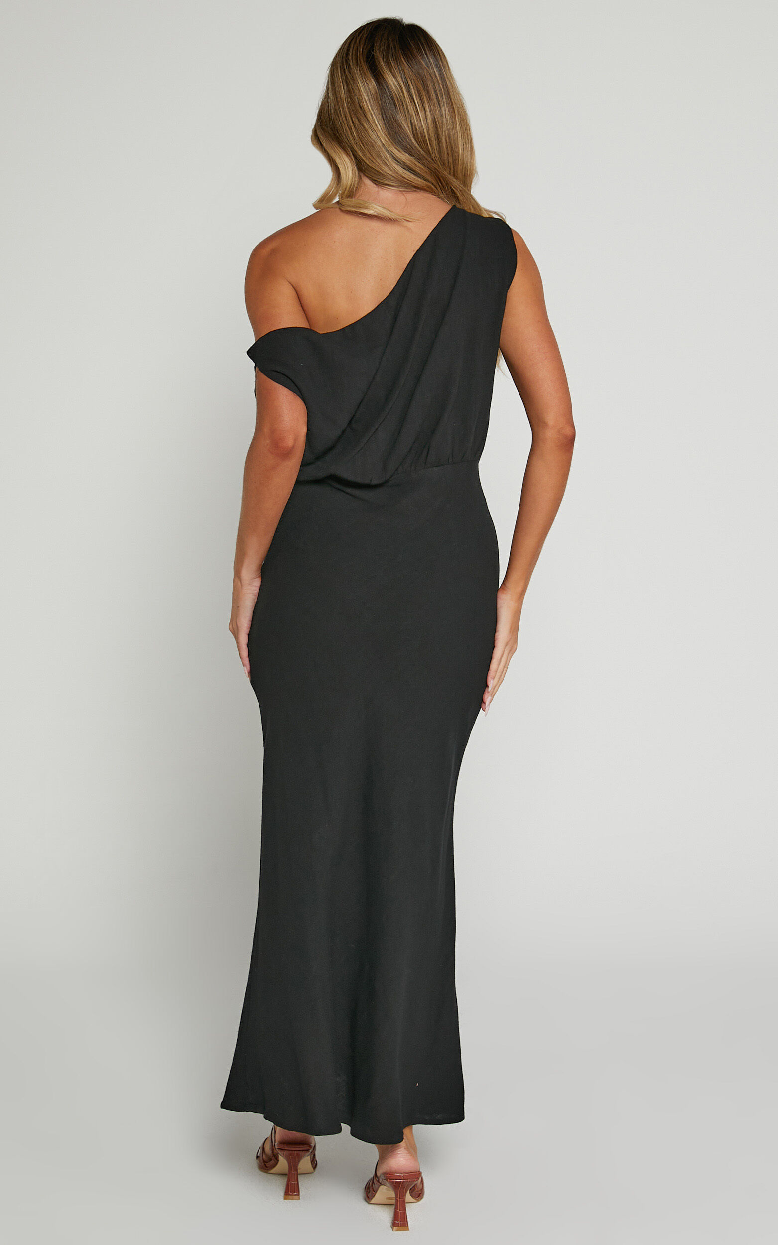 Jacqueline Midi Dress - Linen One Shoulder Dress in Black