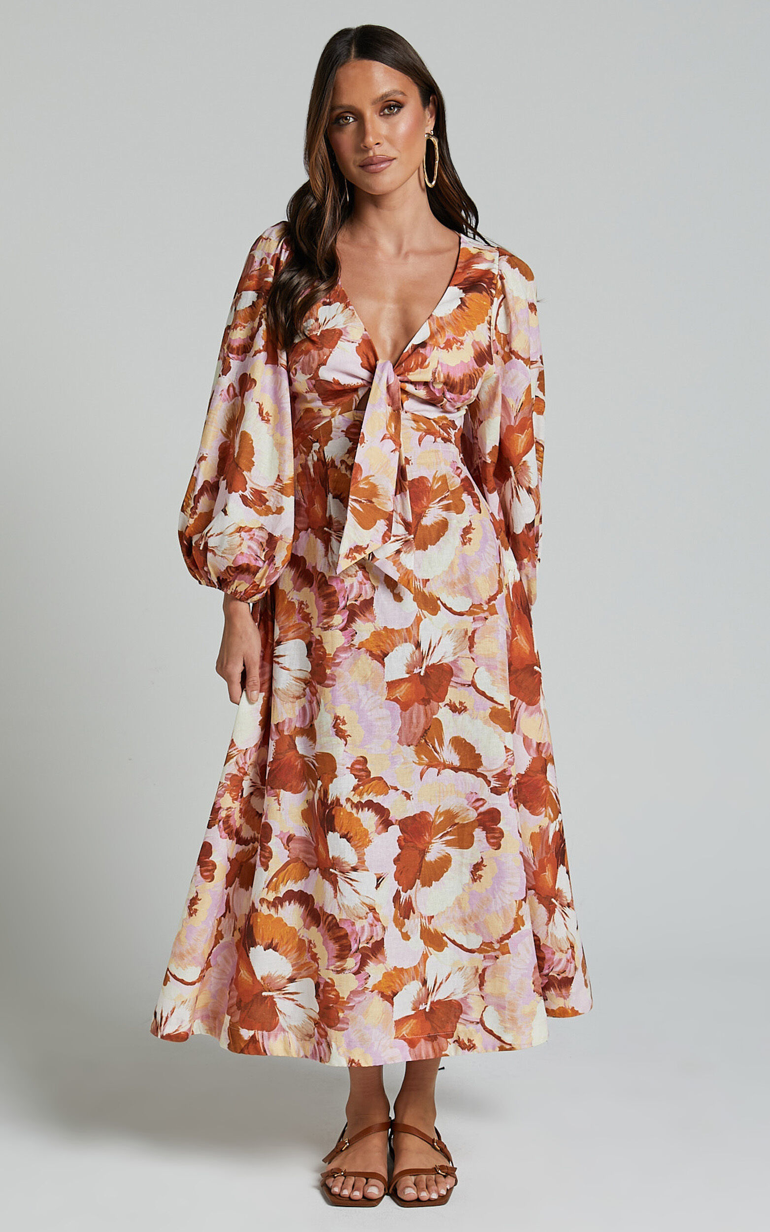 Amalie The Label - Chevonne Linen Blend Tie Front Puff Sleeve Maxi Dress in Baku Print