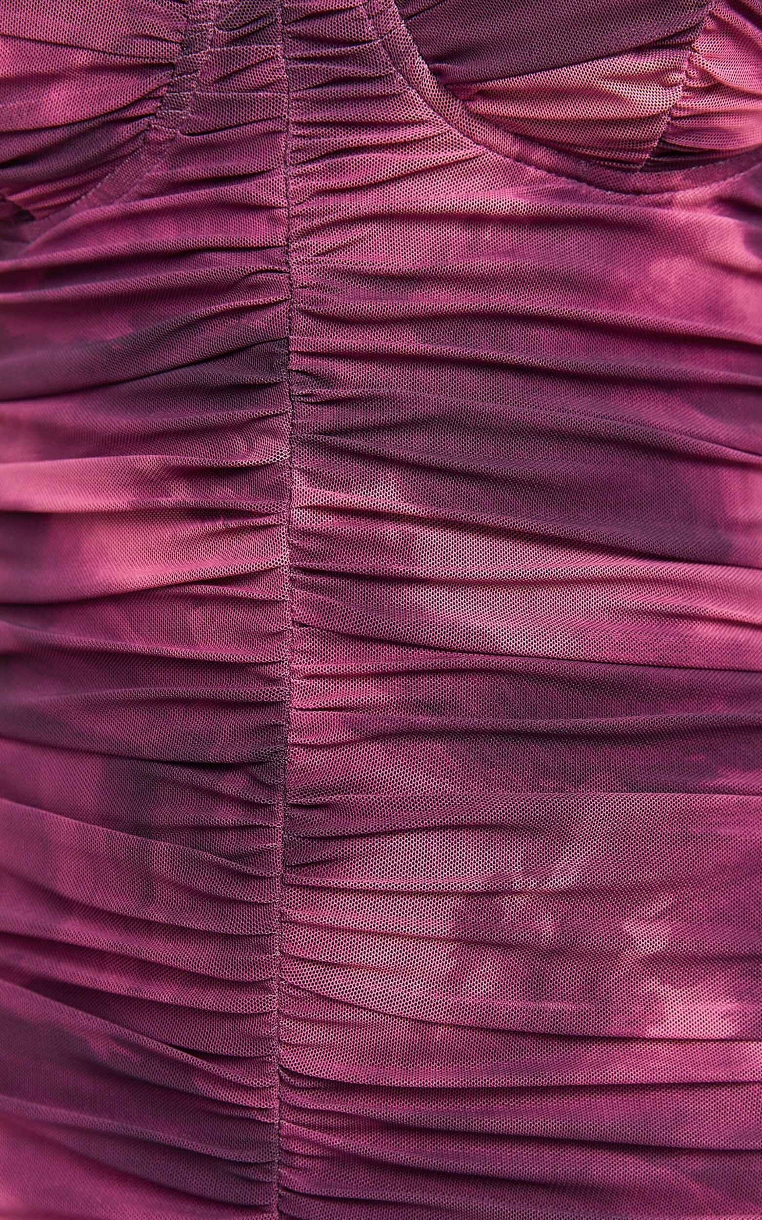Leanor Midi Dress - Mesh Ruched Bustier Bodycon Dress in Purple Fields