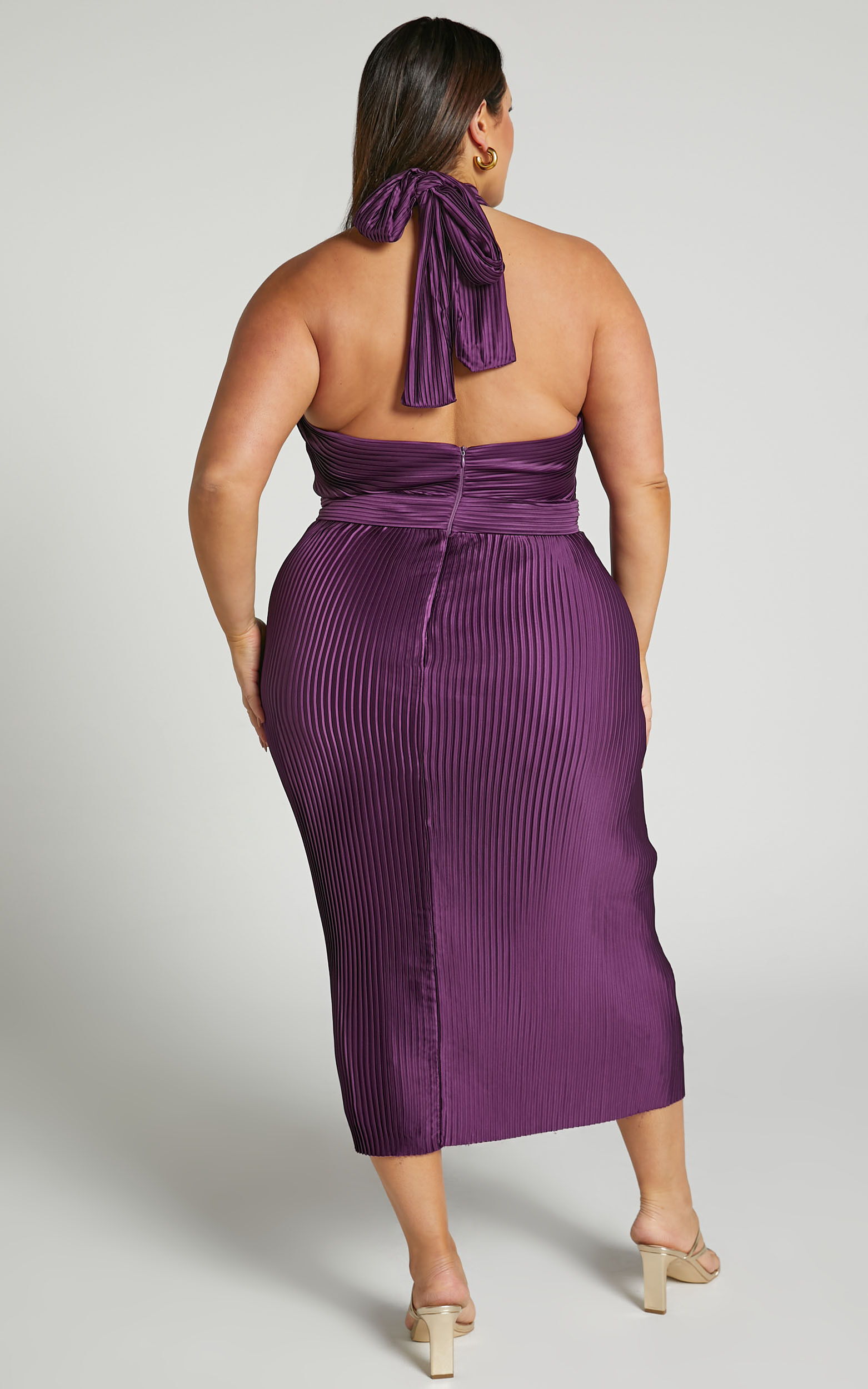 Marlette Midi Dress - Pleated Open Back Halter Dress in Aubergine